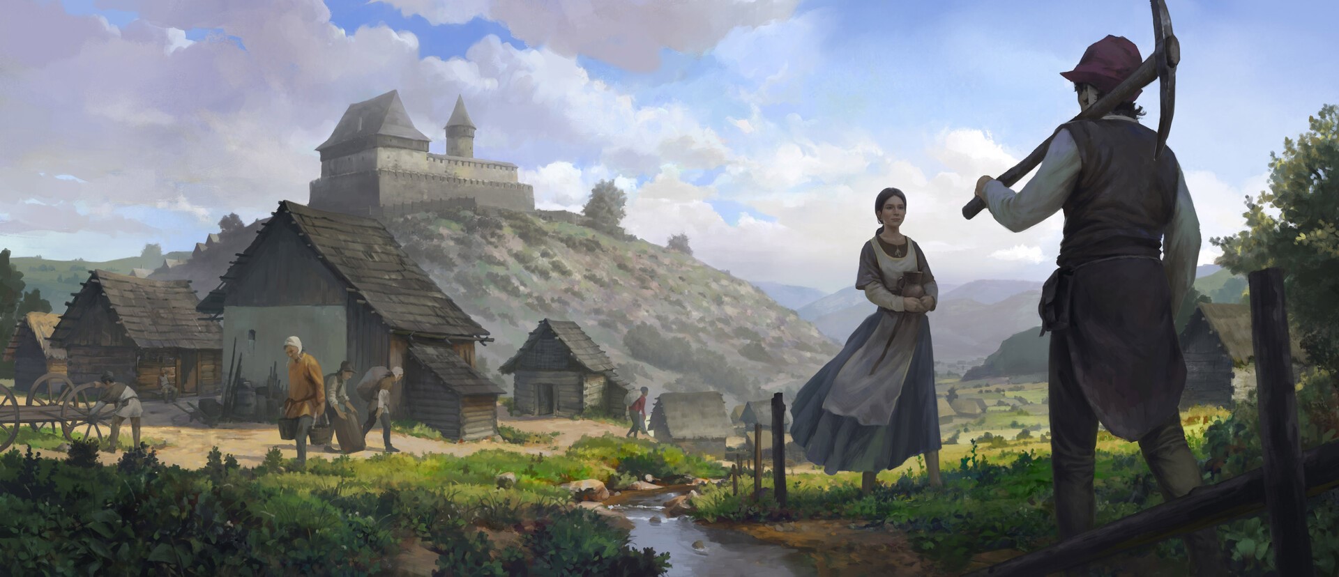Medieval village with castle and peasants from Kingdom Come: Deliverance HD Wallpaper