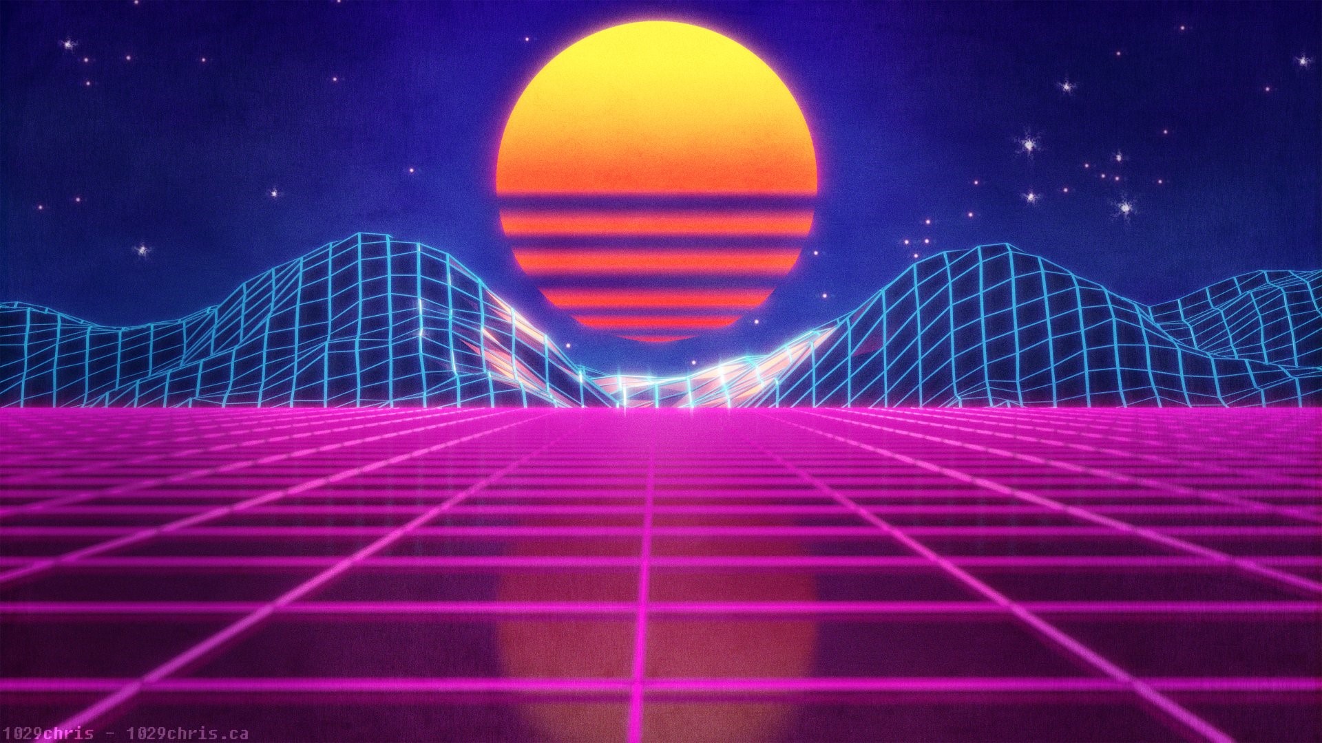 Synthwave grid landscape with sunset HD Wallpaper