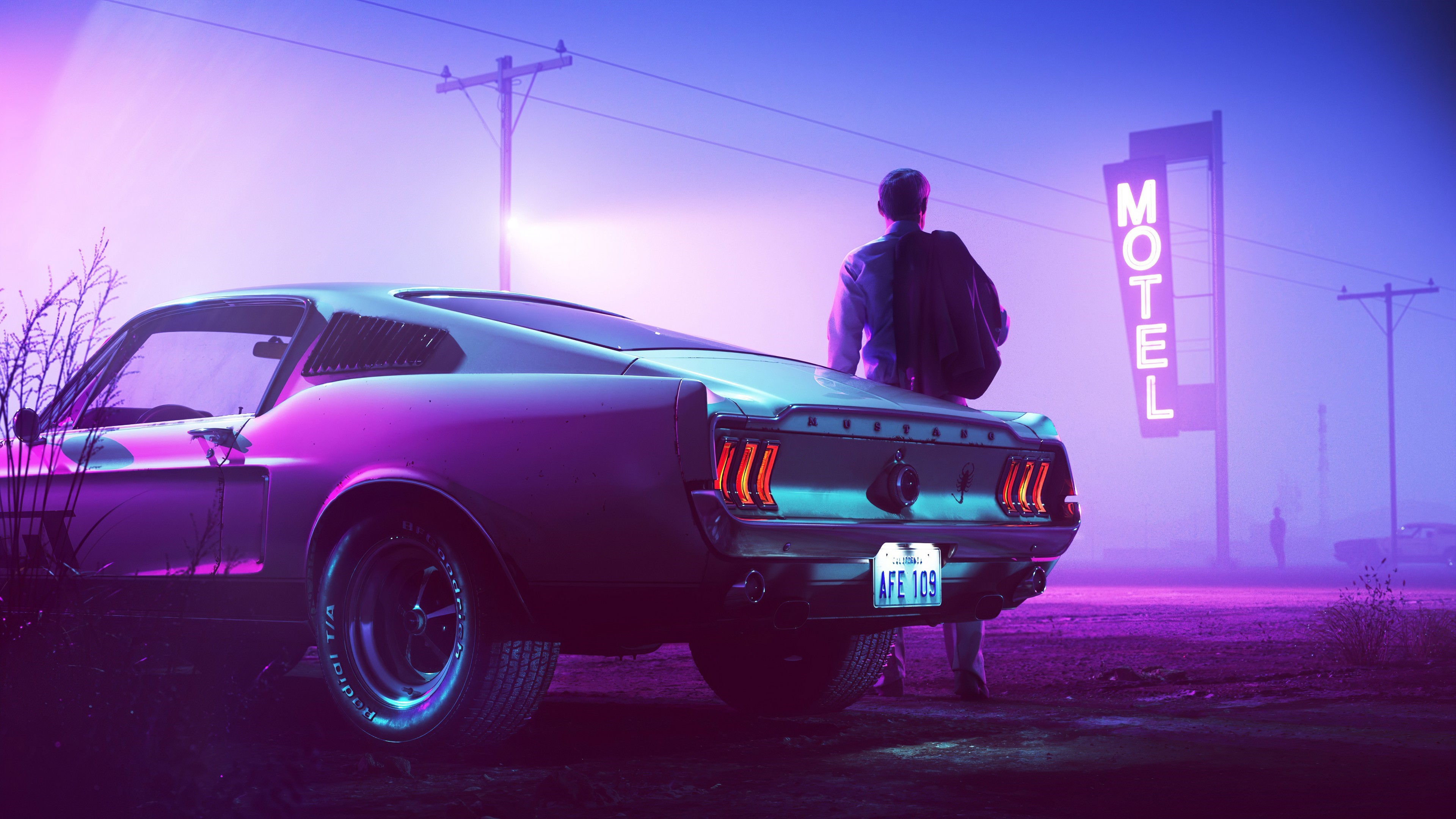 Ford Mustang on a foggy road with a motel sign HD Wallpaper
