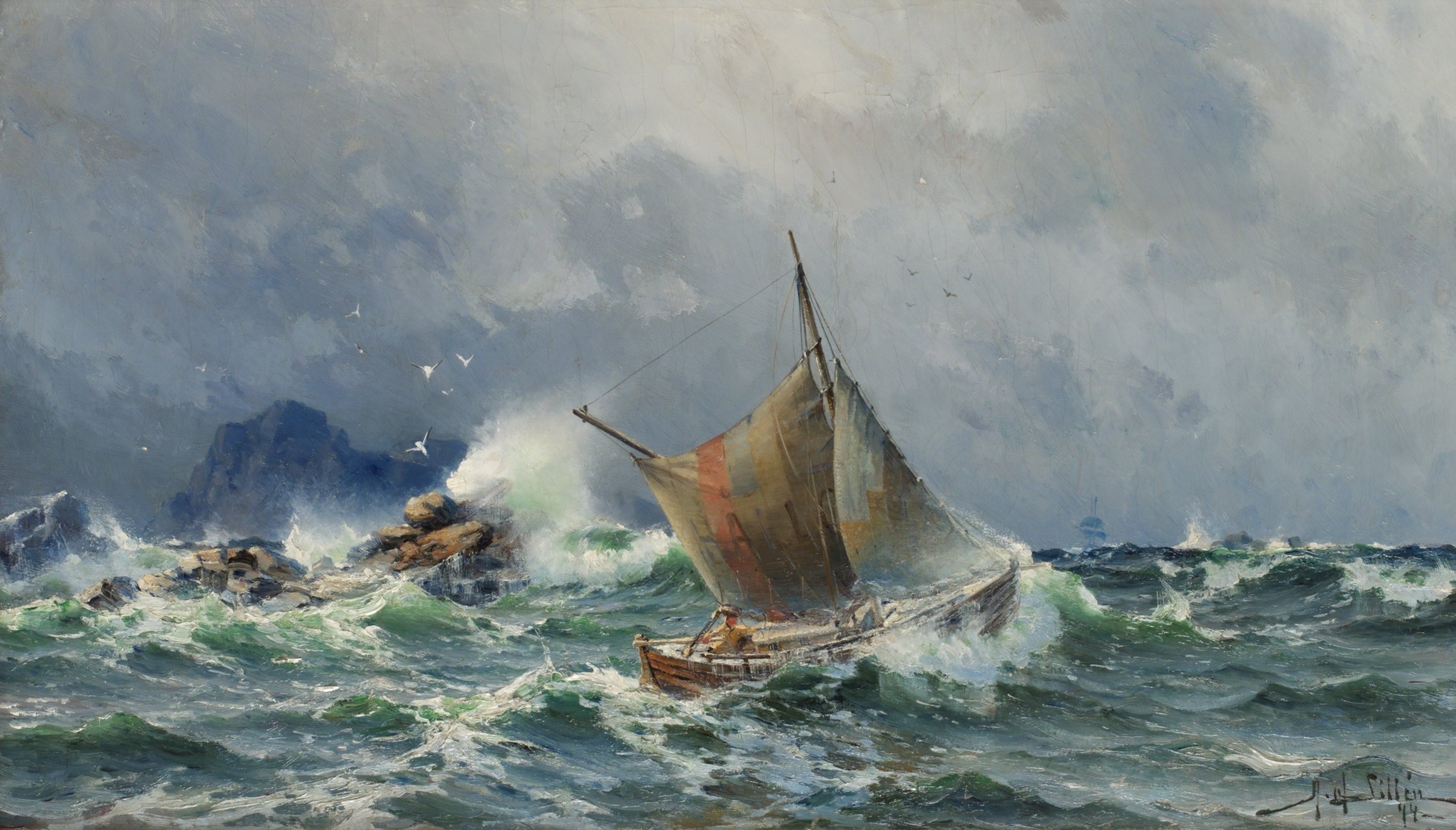 Boat in a Stormy Sea by Herman Gustav Sillen HD Wallpaper