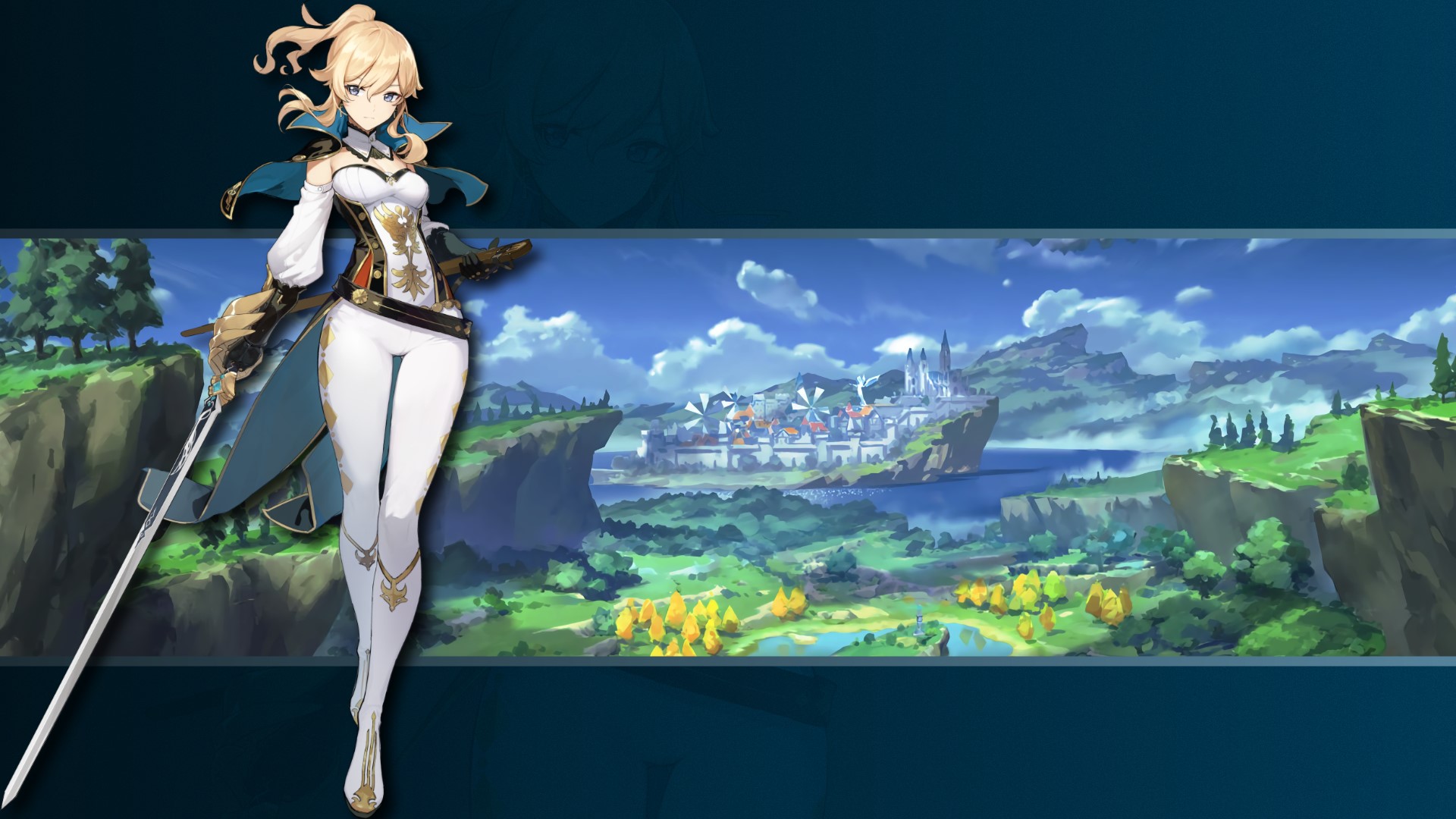 Jean from Genshin Impact with a city in the background HD Wallpaper