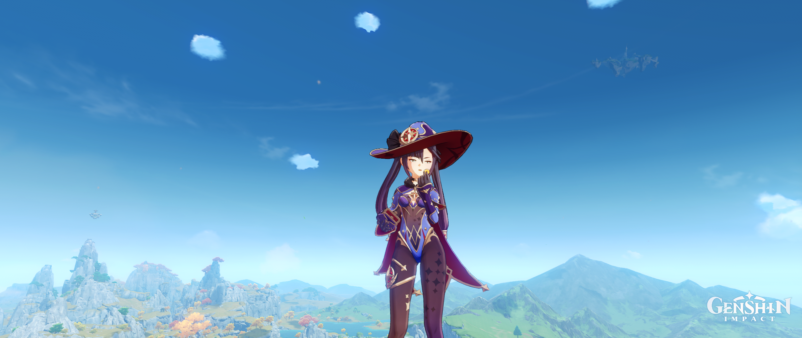 Mona from Genshin Impact standing on a mountain HD Wallpaper