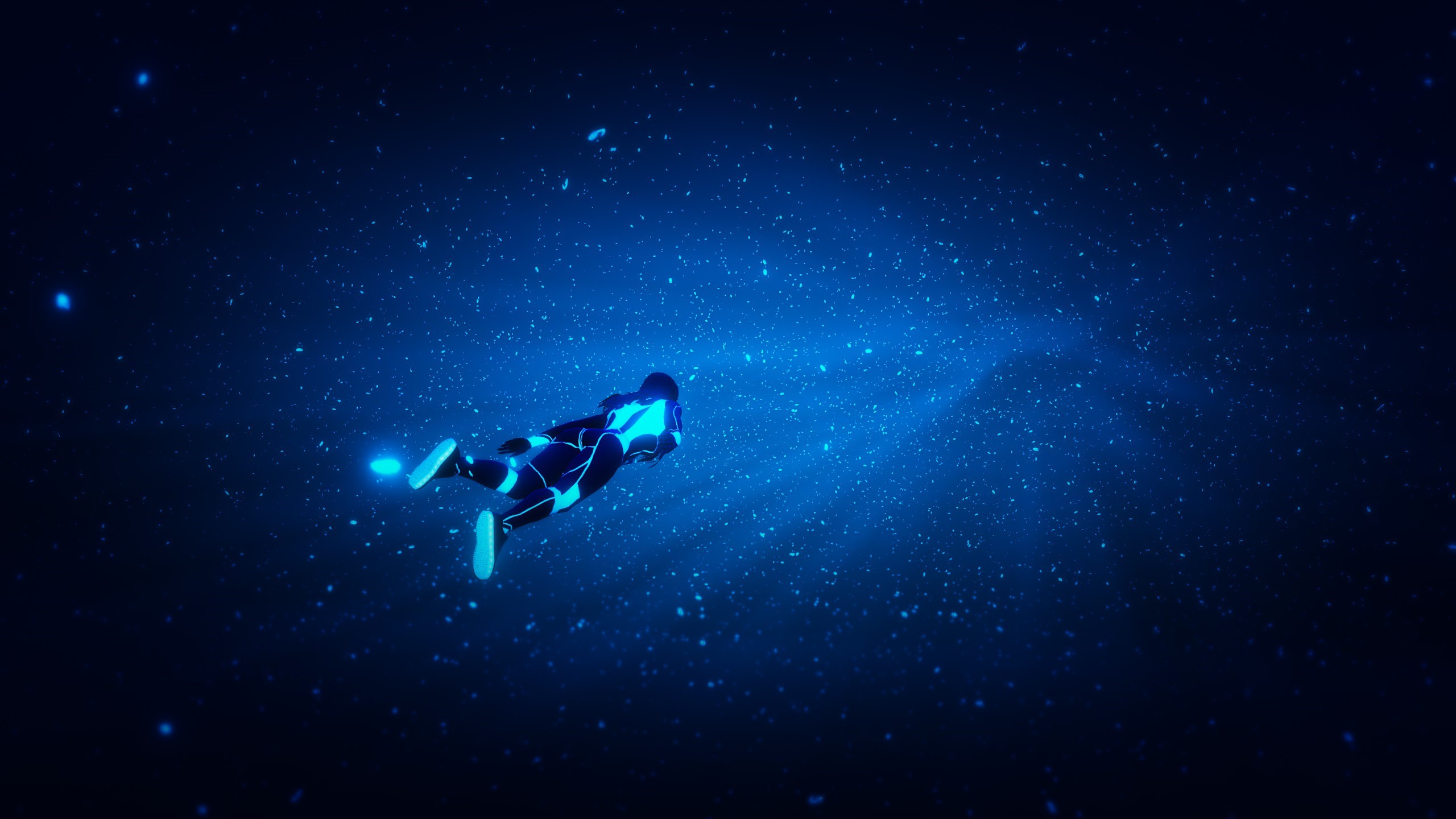 Woman in neon suit floating in starry blue space HD Wallpaper