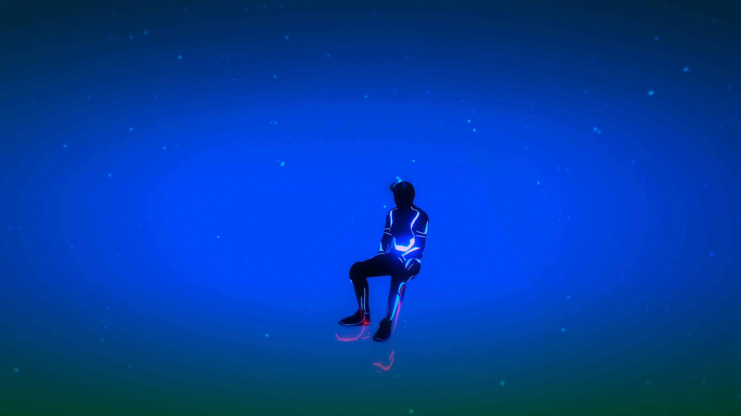 Man in glowing suit sitting in blue space HD Wallpaper