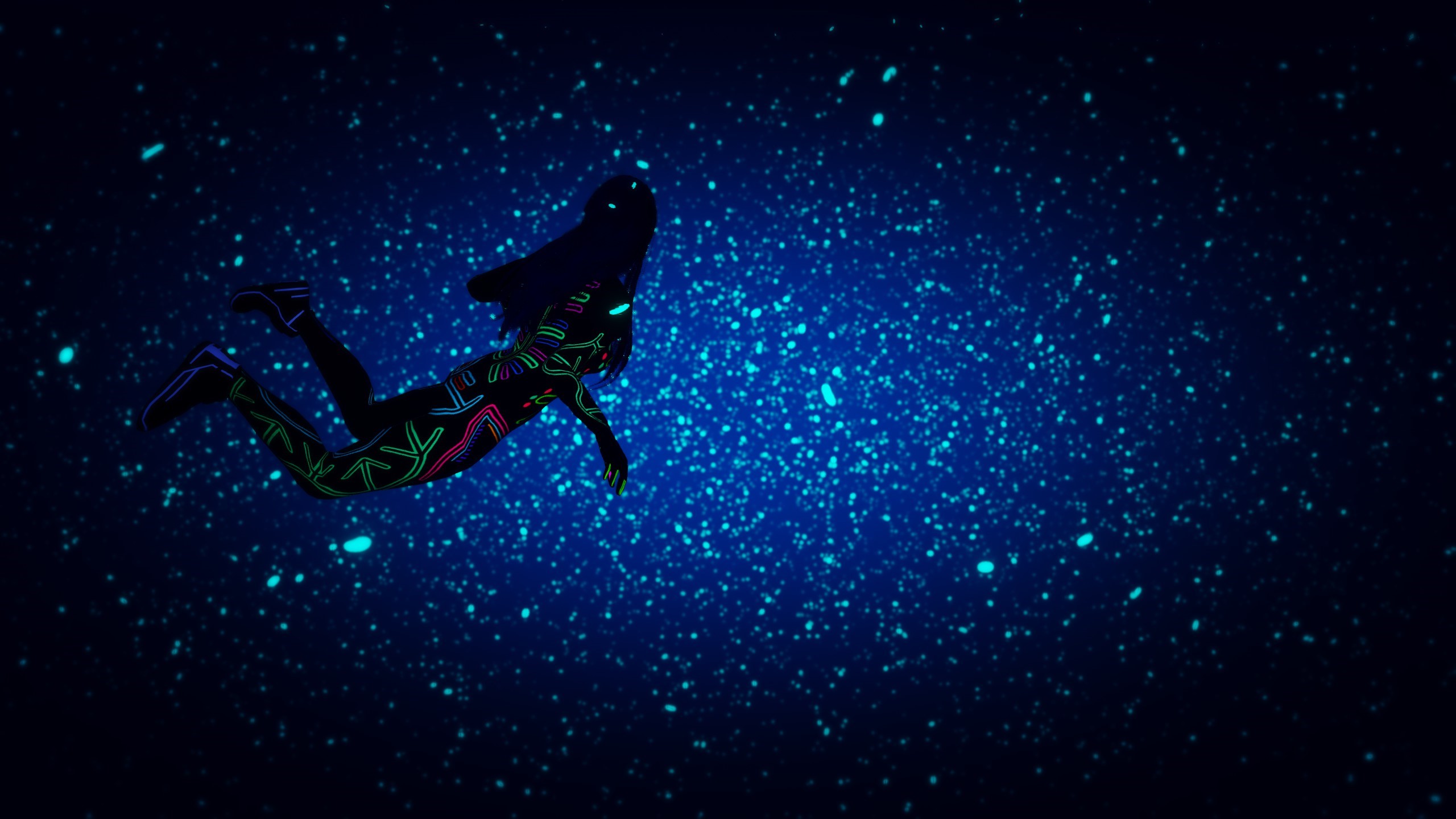 Woman in neon suit floating in starry space HD Wallpaper