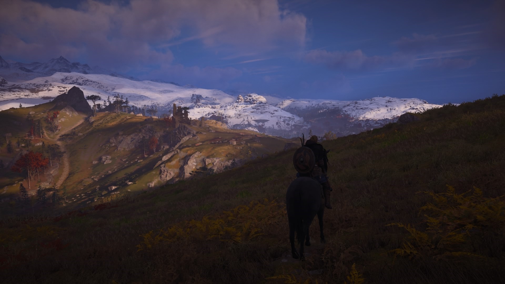 Eivor from Assassins Creed Valhalla riding a horse in a mountainous landscape HD Wallpaper