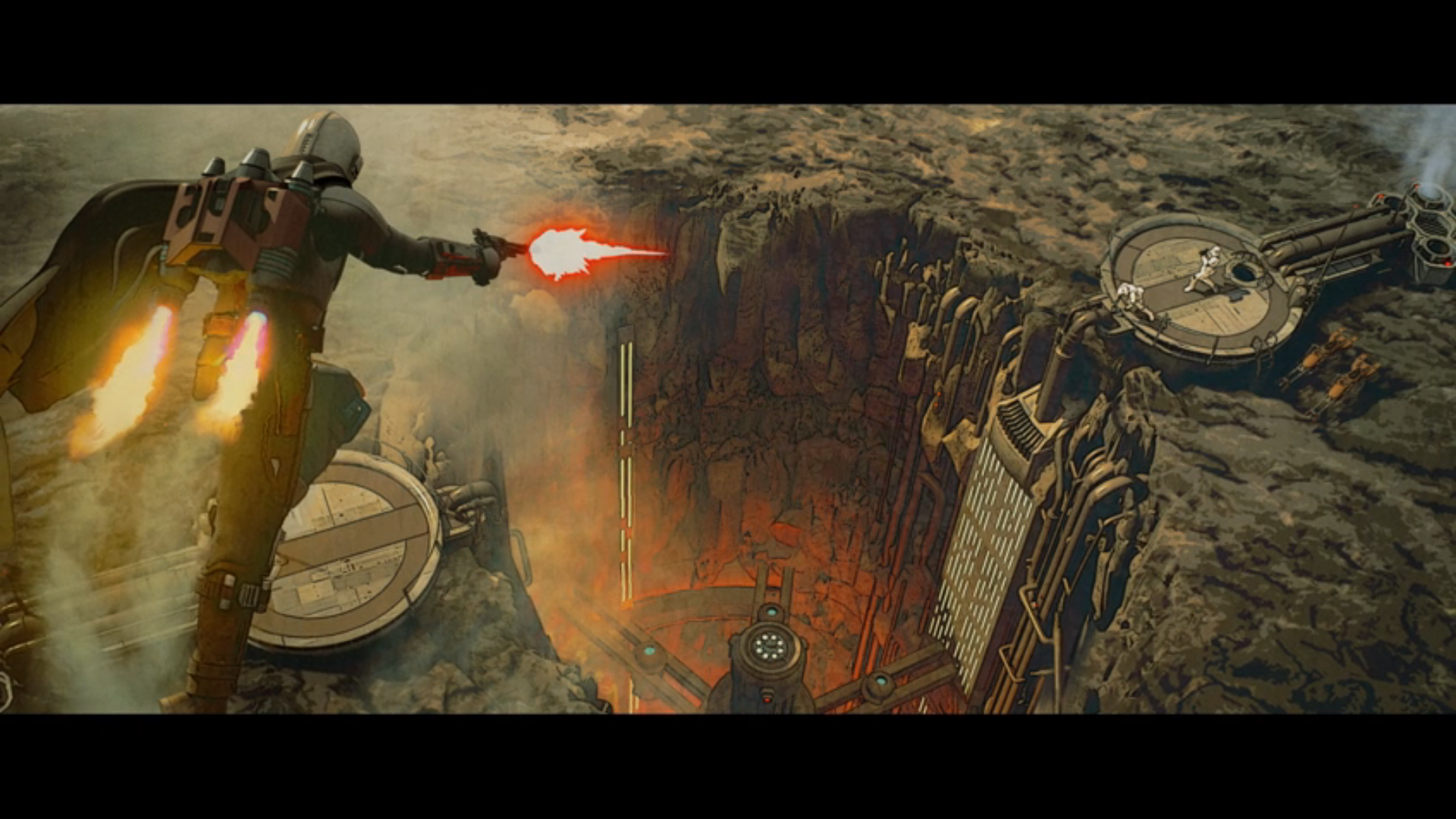 The Mandalorian firing blaster from a jetpack over a chasm HD Wallpaper