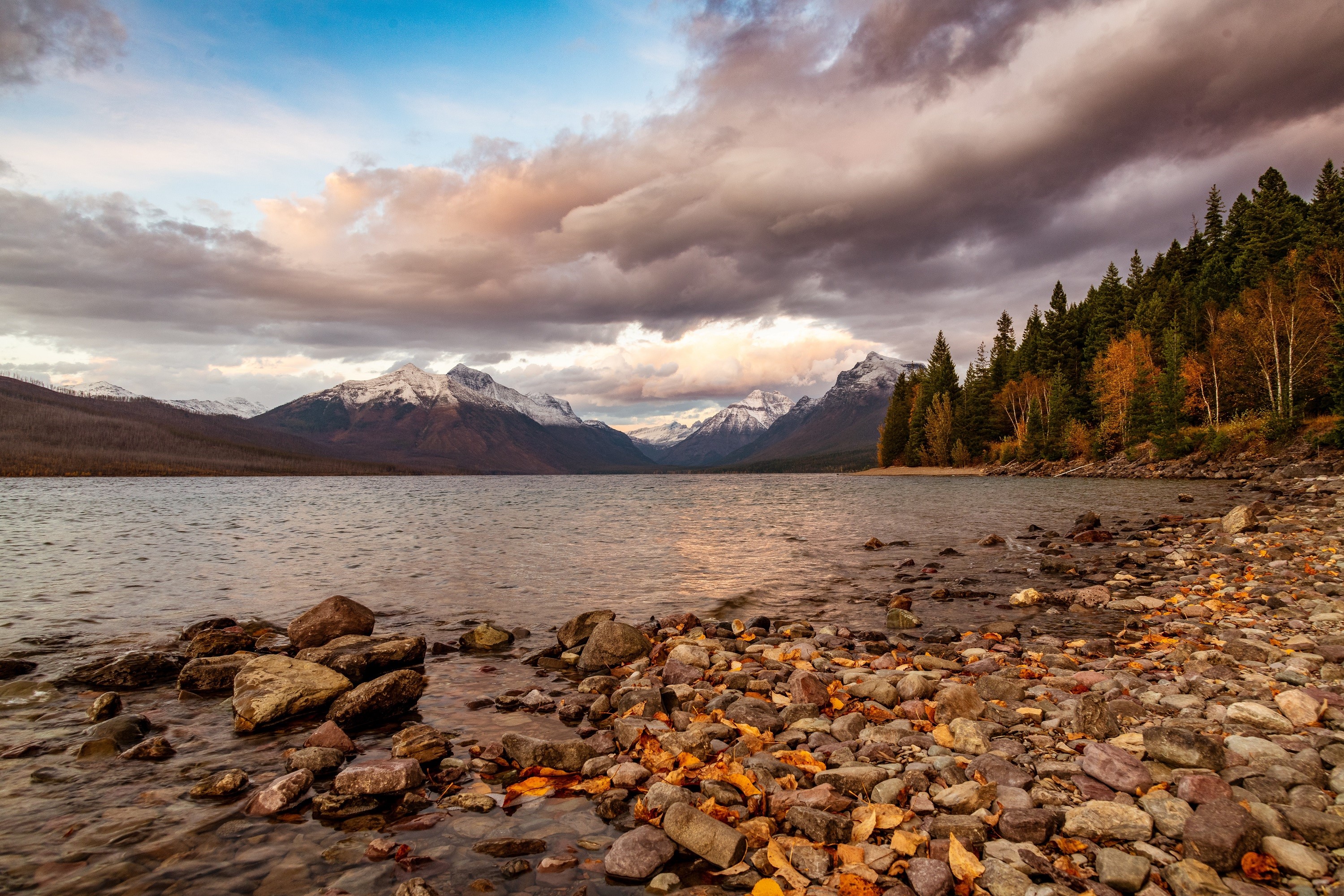 Lake McDonald with snow-capped mountains and autumn trees HD Wallpaper