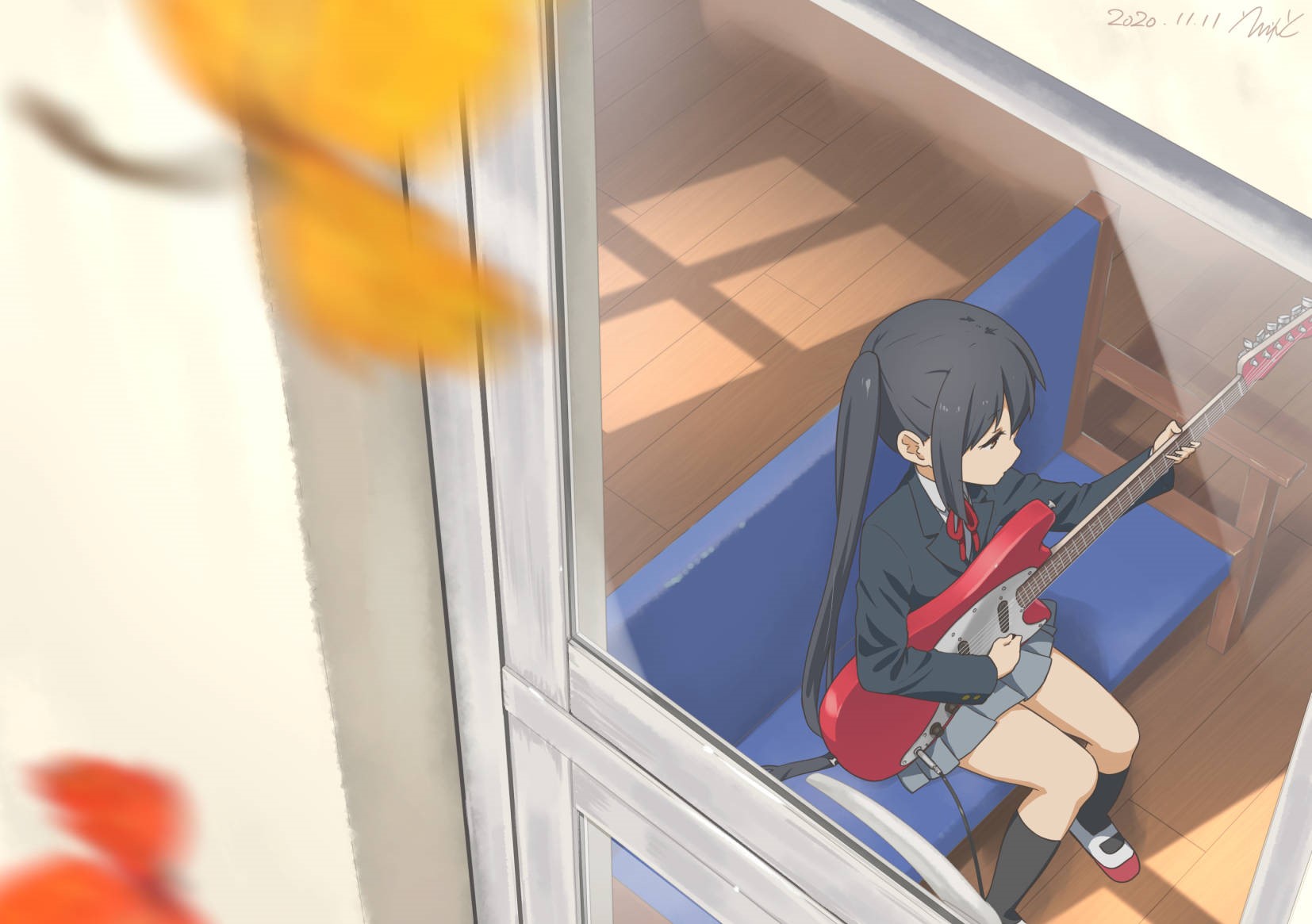Azusa Nakano from K-ON! playing guitar HD Wallpaper