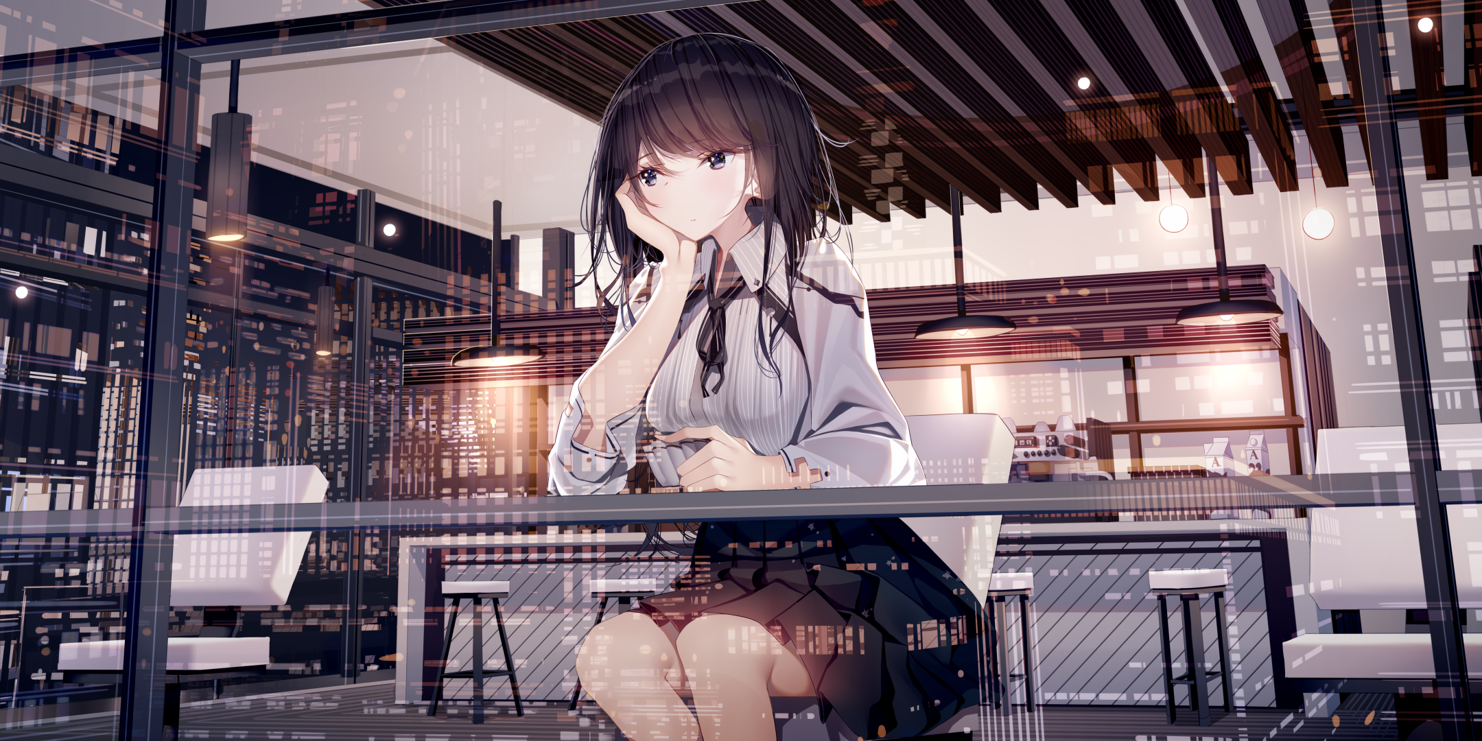 Anime girl in cafe with city reflection HD Wallpaper