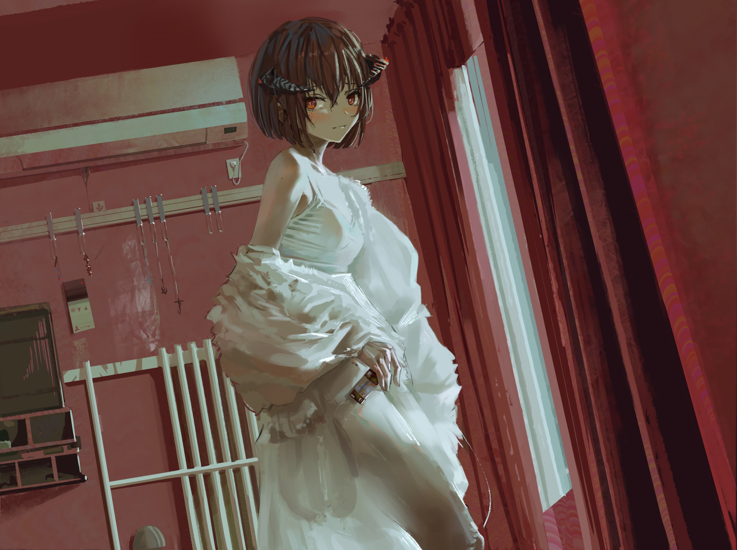 Anime girl with horns in a white dress HD Wallpaper
