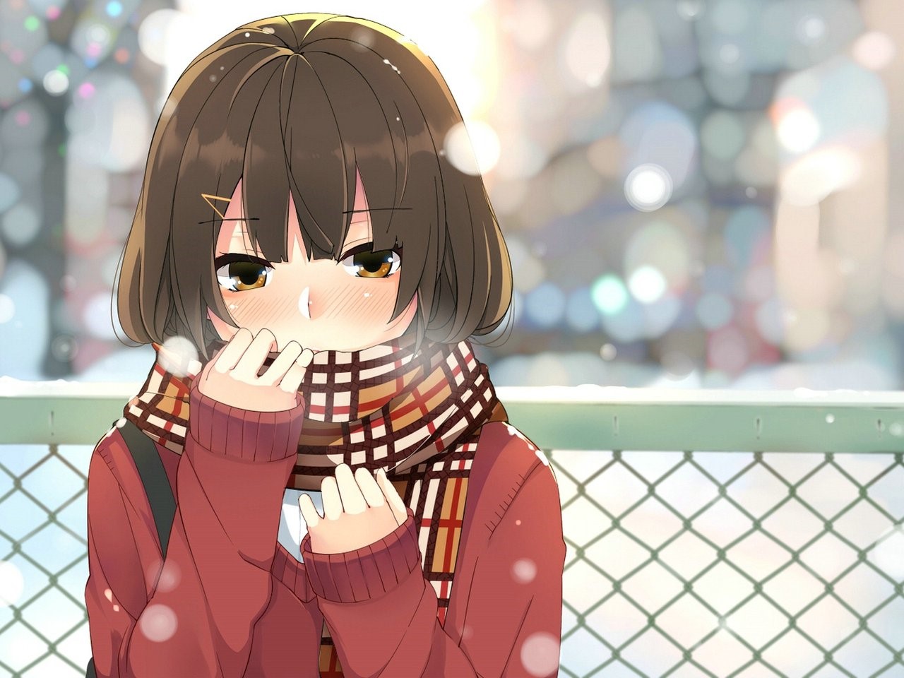 Anime girl with brown hair and scarf in snow HD Wallpaper