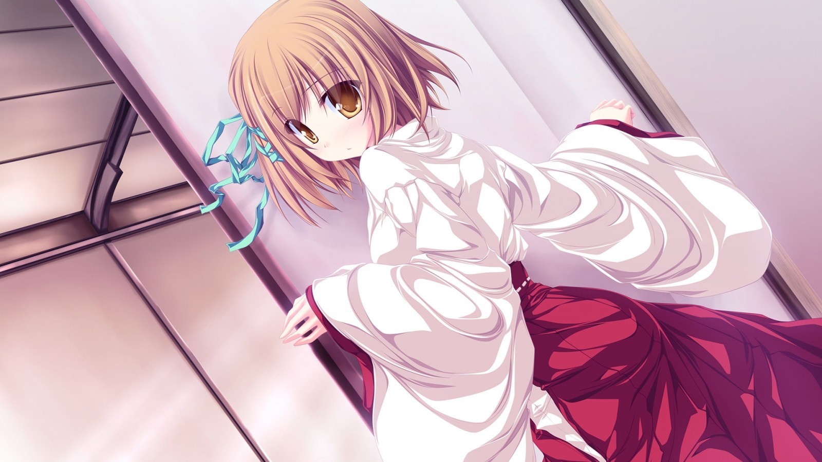 Miko girl with short brown hair and blue ribbons HD Wallpaper