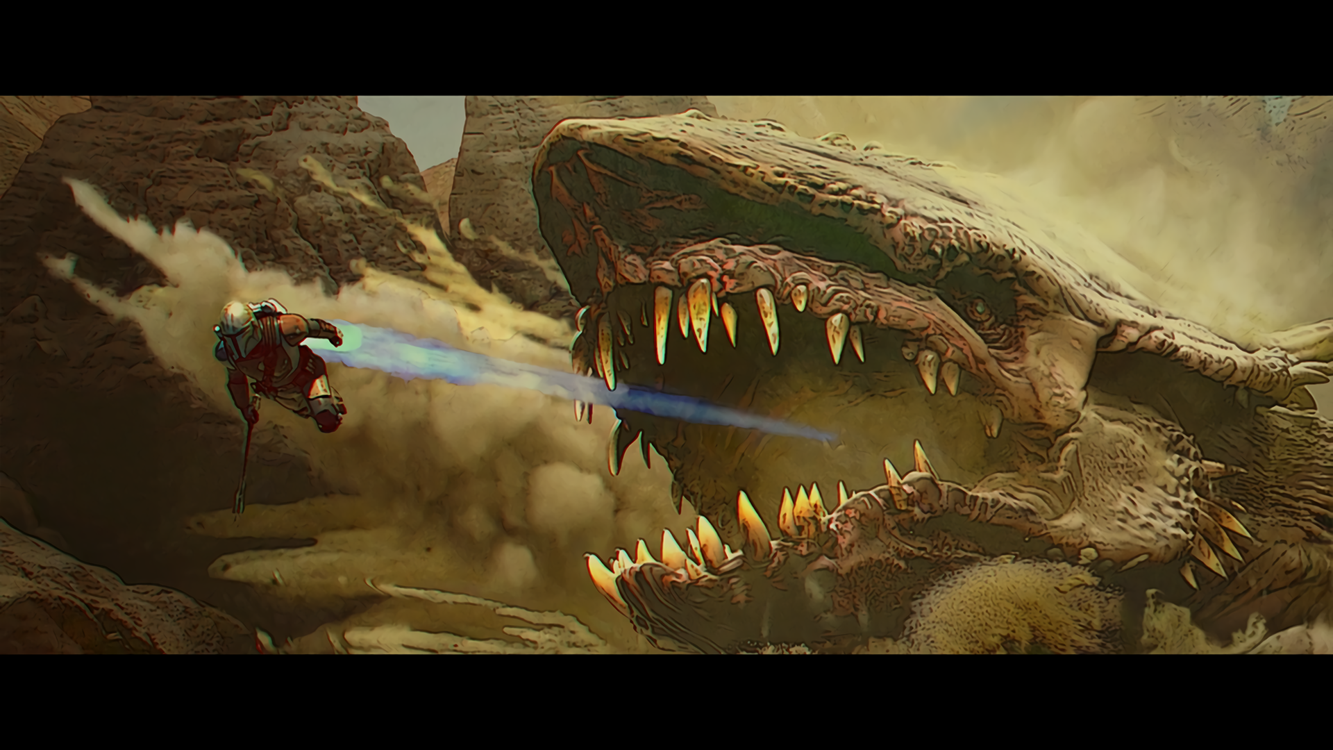 The Mandalorian fighting a giant creature HD Wallpaper