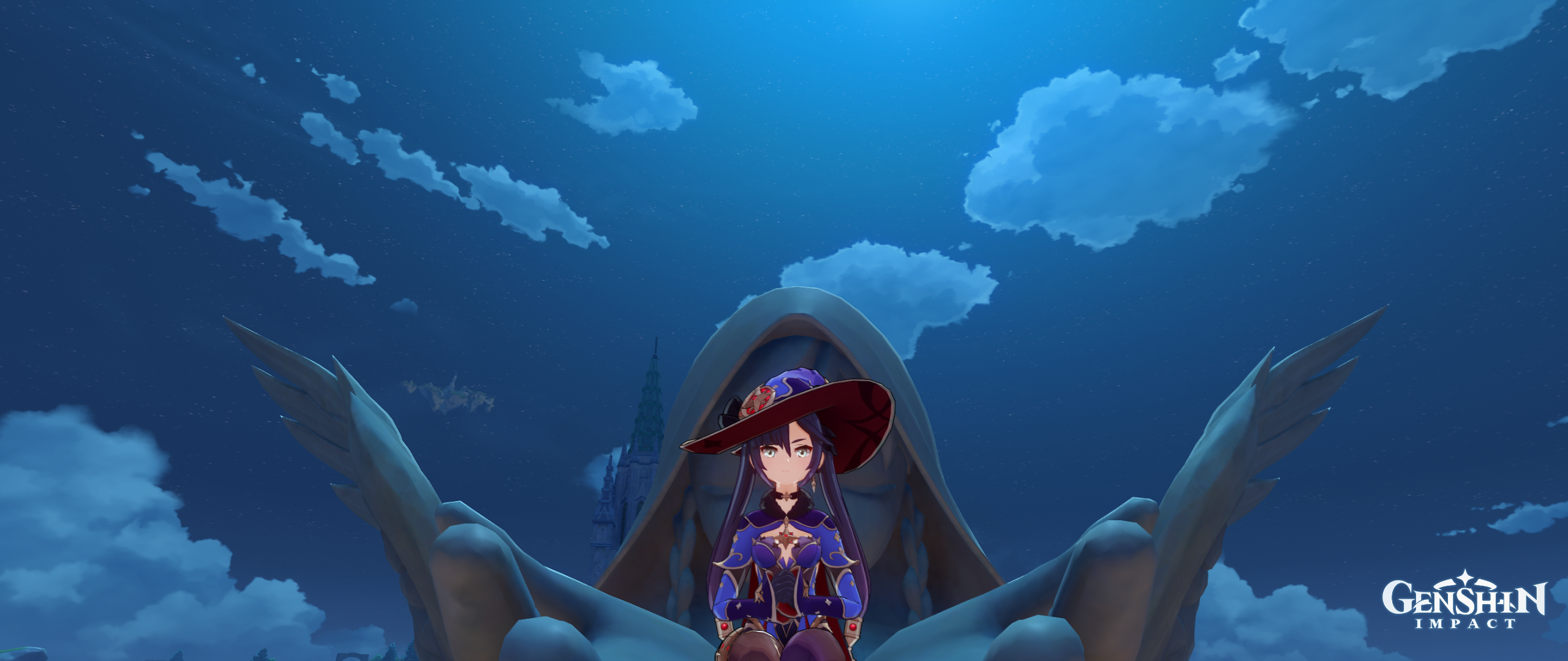 Mona from Genshin Impact sitting on a statue HD Wallpaper