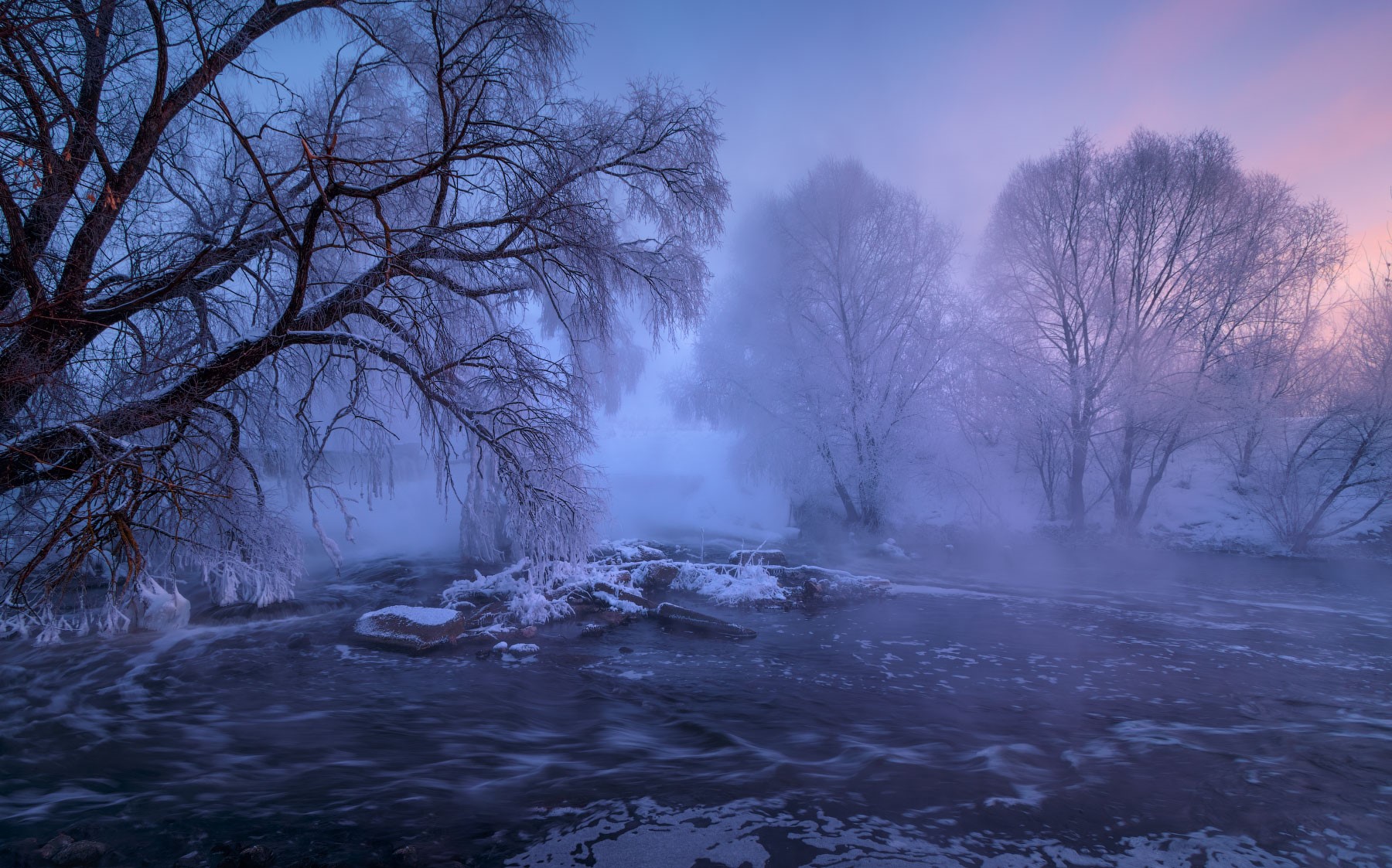 Mikhail Dubrovinskiy's winter landscape with mist and purple sky HD Wallpaper
