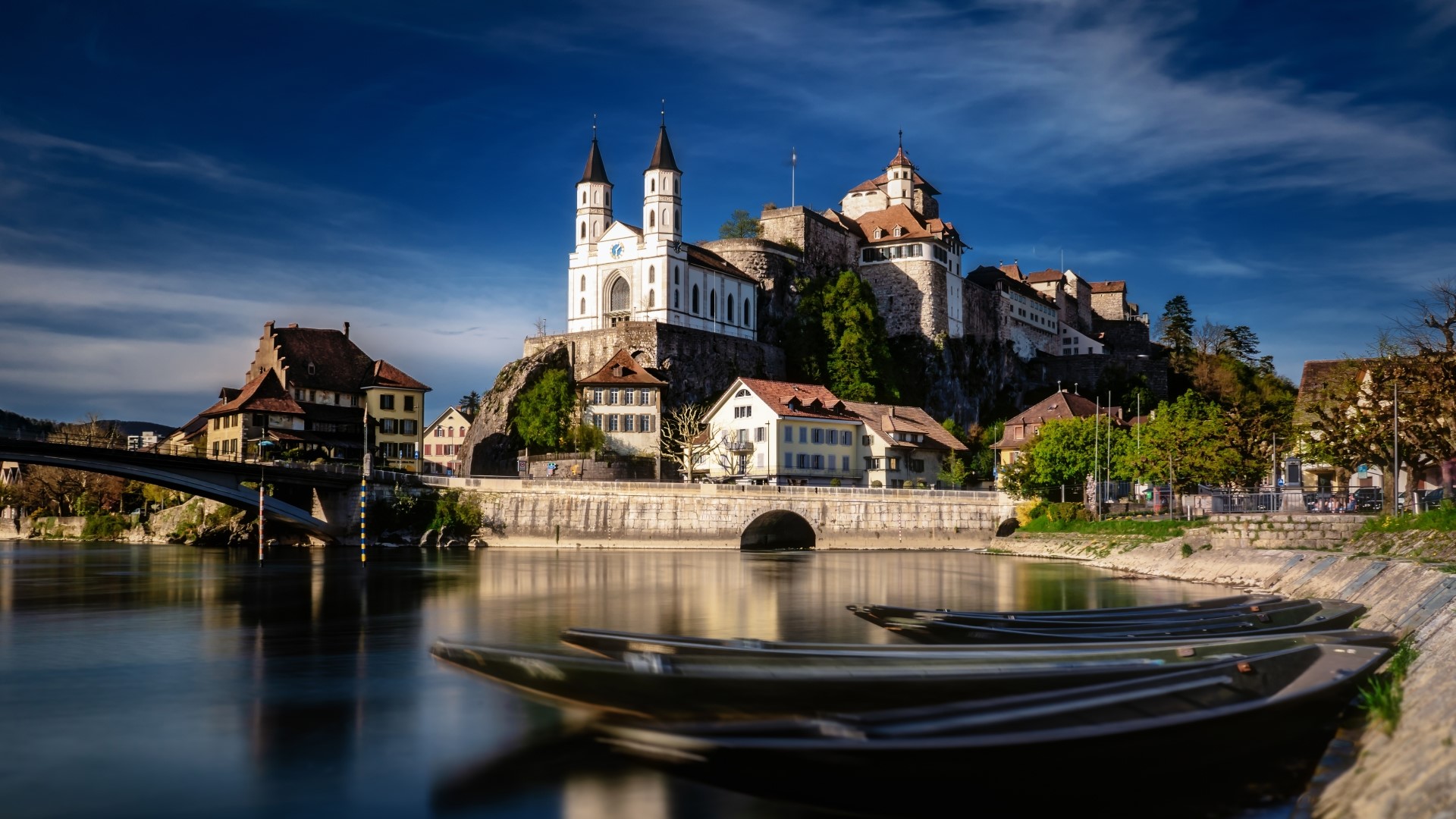 Aarburg Castle and Church overlooking a River in Switzerland HD Wallpaper