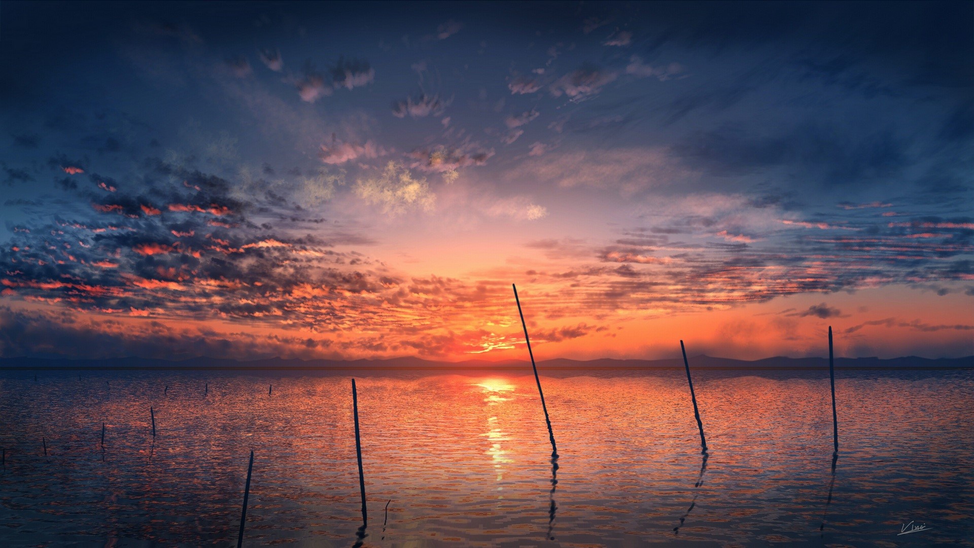 Sunset over a calm lake with wooden poles HD Wallpaper