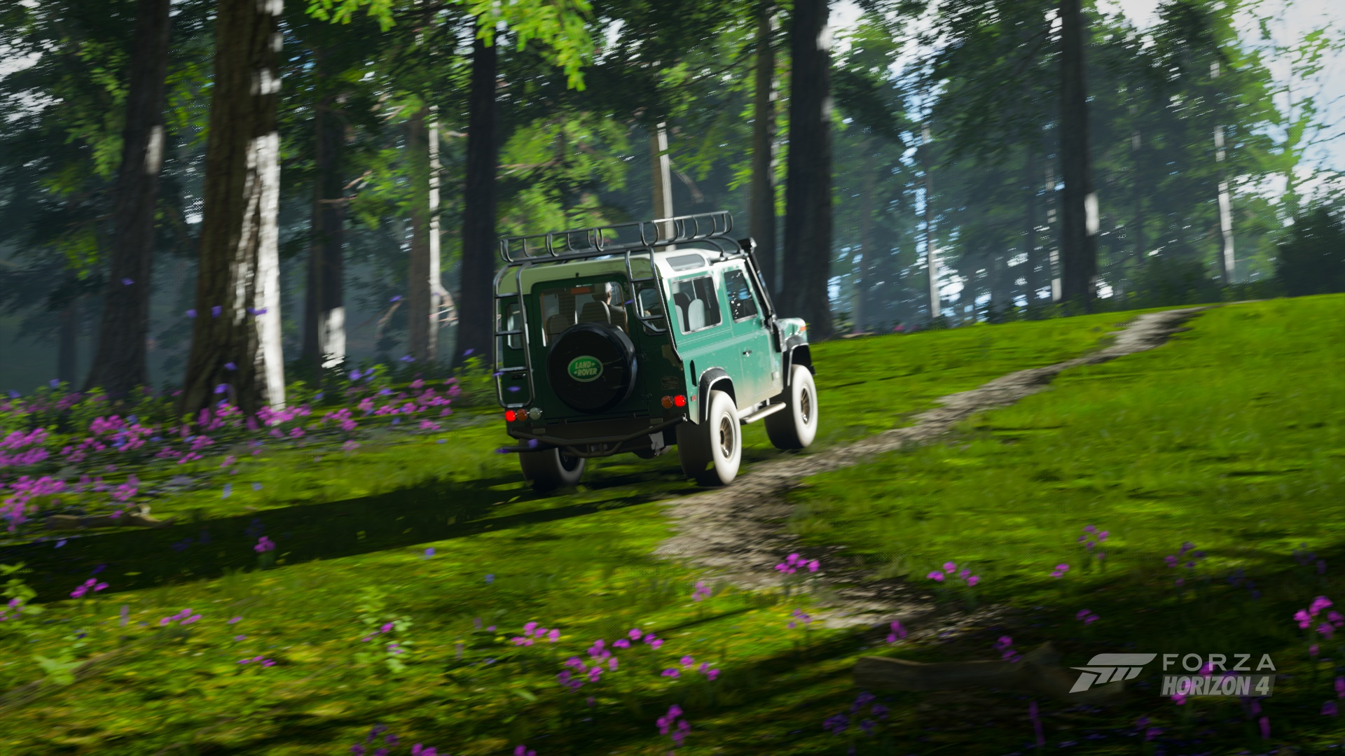 Green Land Rover Defender driving on a forest path in Forza Horizon 4 HD Wallpaper