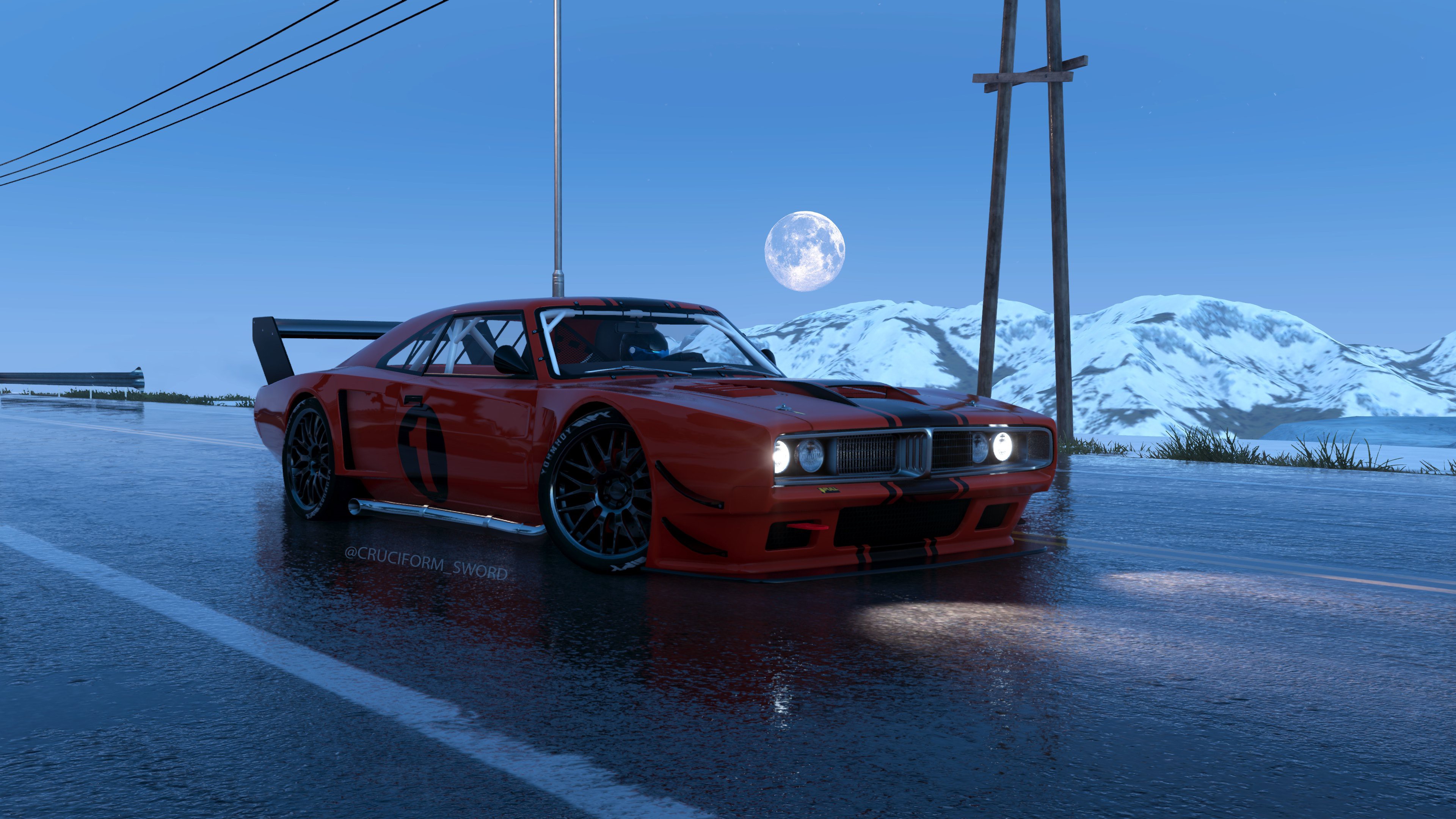 Dodge Challenger R/T from The Crew 2 on a wet road HD Wallpaper