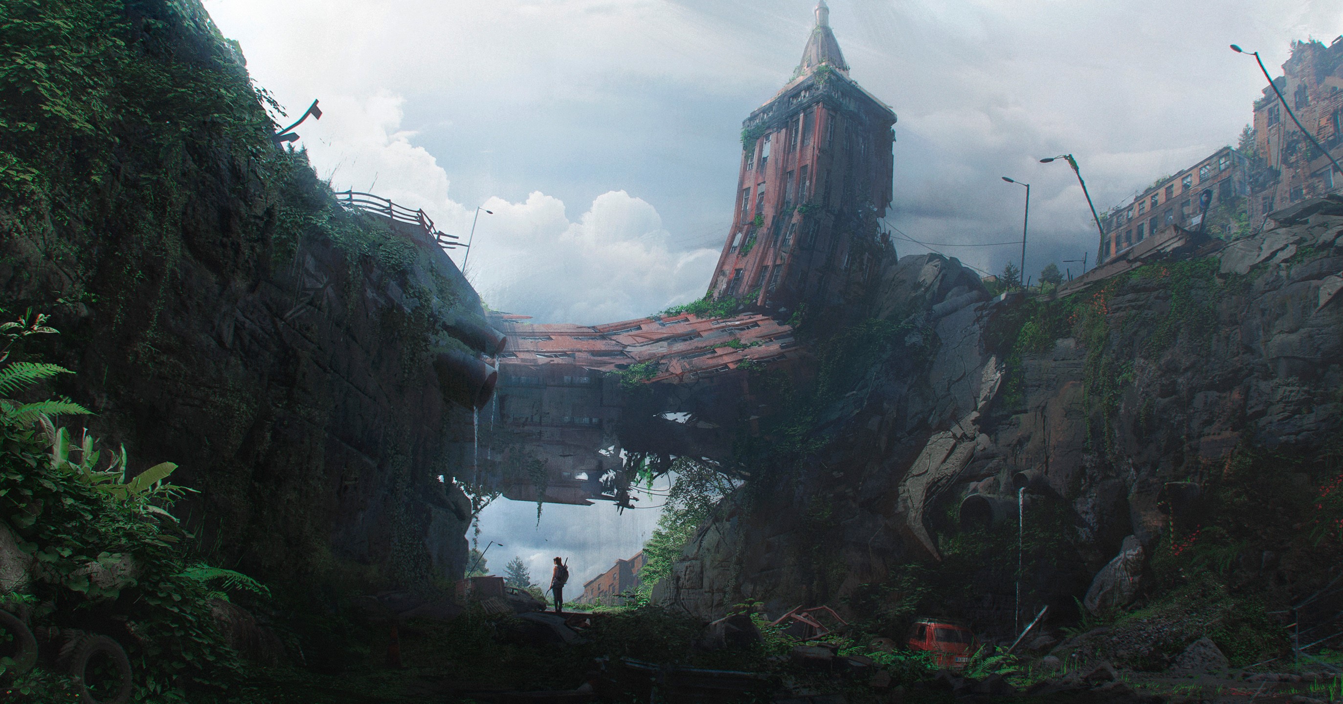 Post-apocalyptic city with overgrown buildings and a lone figure HD Wallpaper