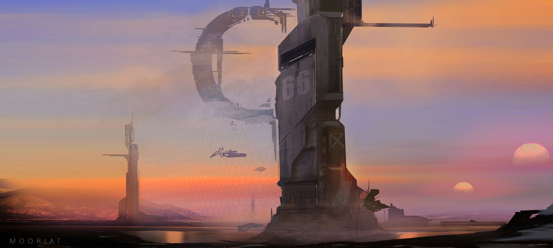 Futuristic cityscape with towers and spacecraft at sunset HD Wallpaper