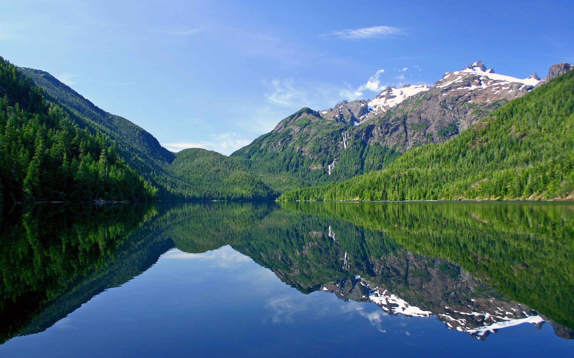Reflection of mountains and forest in a calm lake HD Wallpaper
