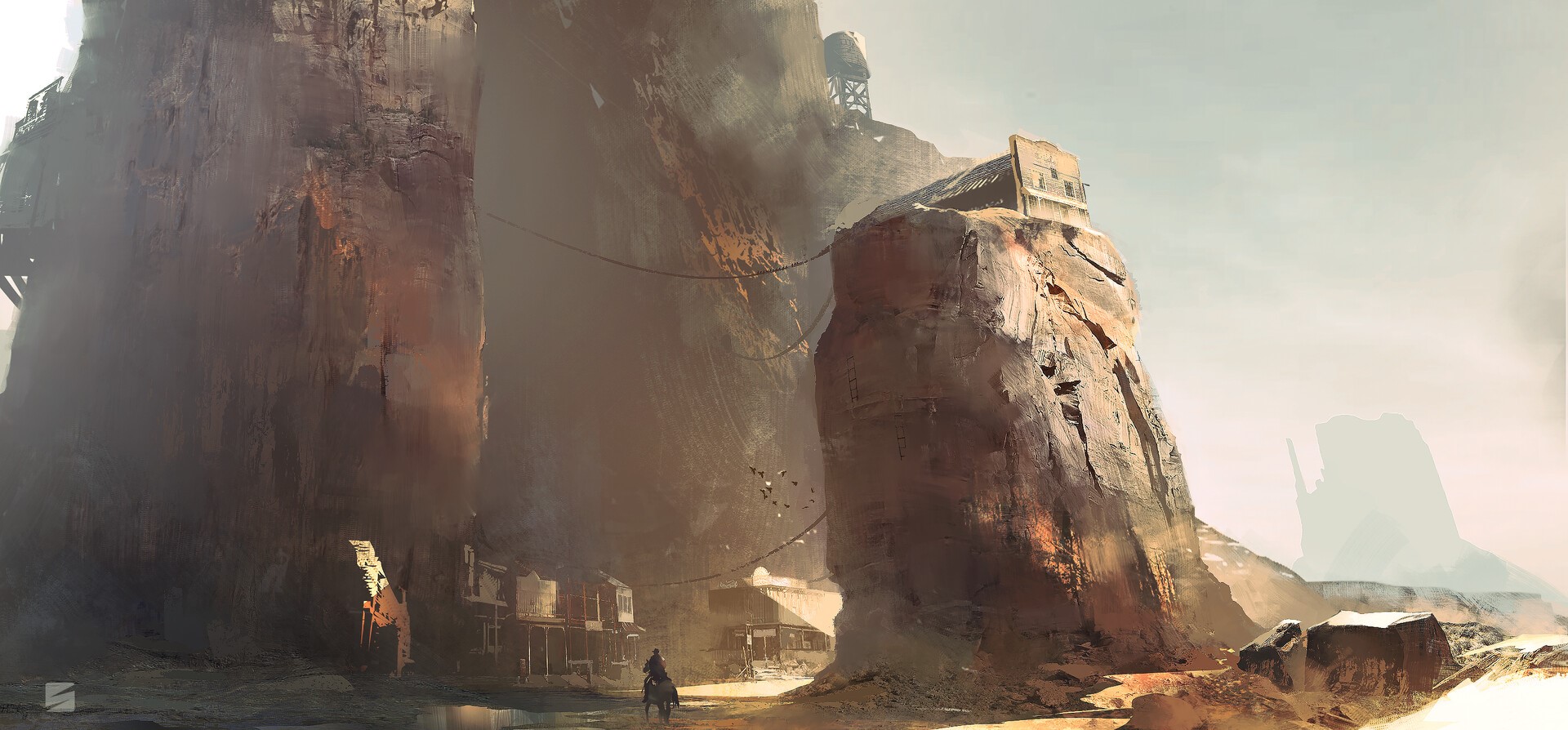 Digital art of a desert settlement with a rider HD Wallpaper