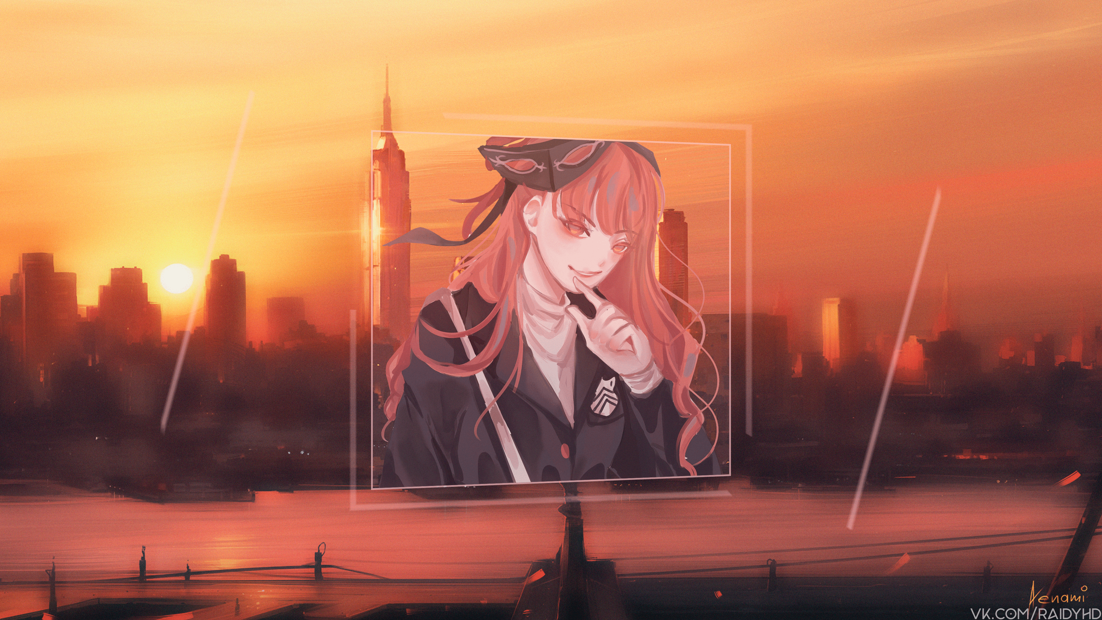 Anime girl in picture-in-picture with city sunset HD Wallpaper