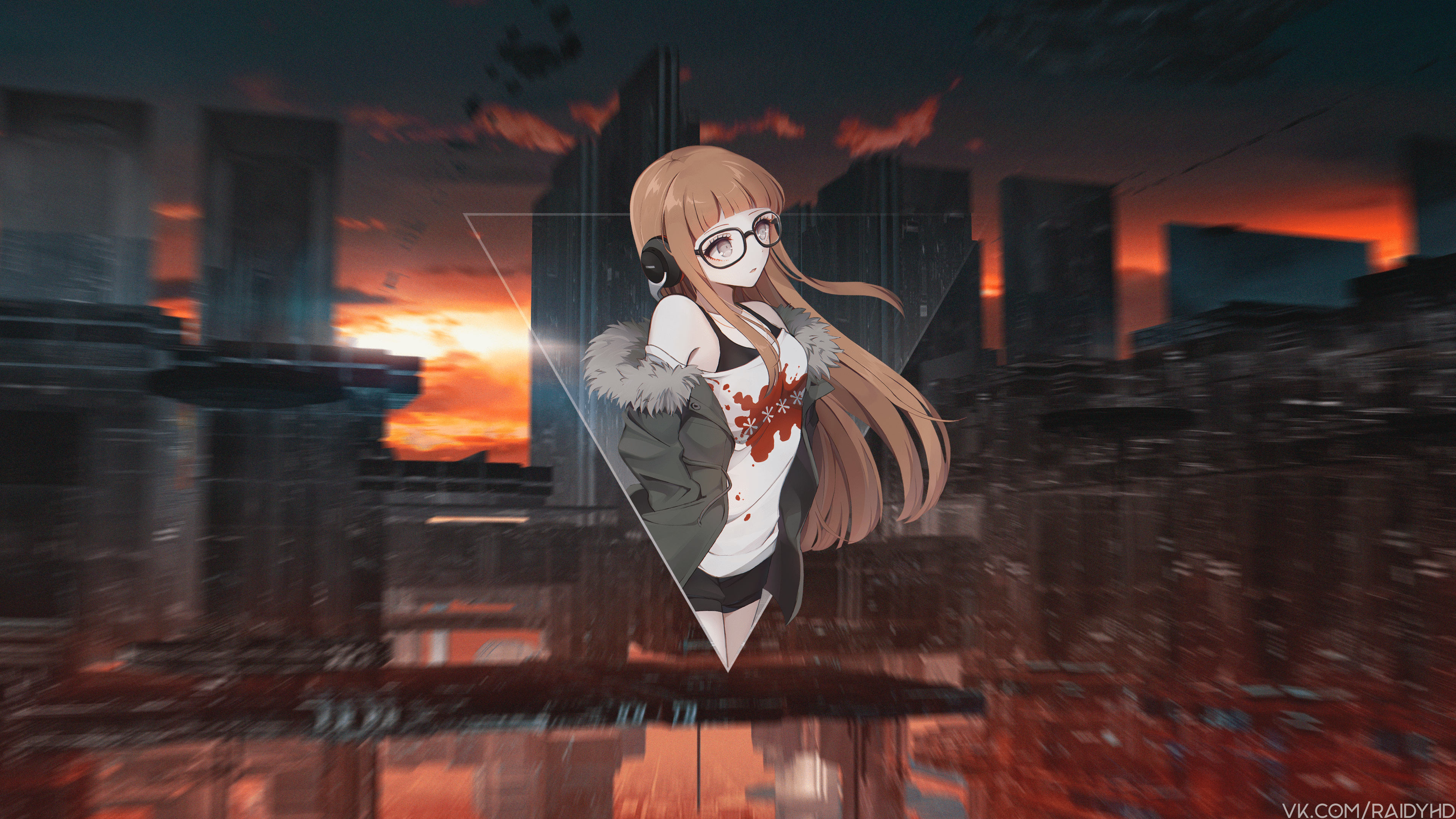 Anime girl with glasses and headphones in city HD Wallpaper