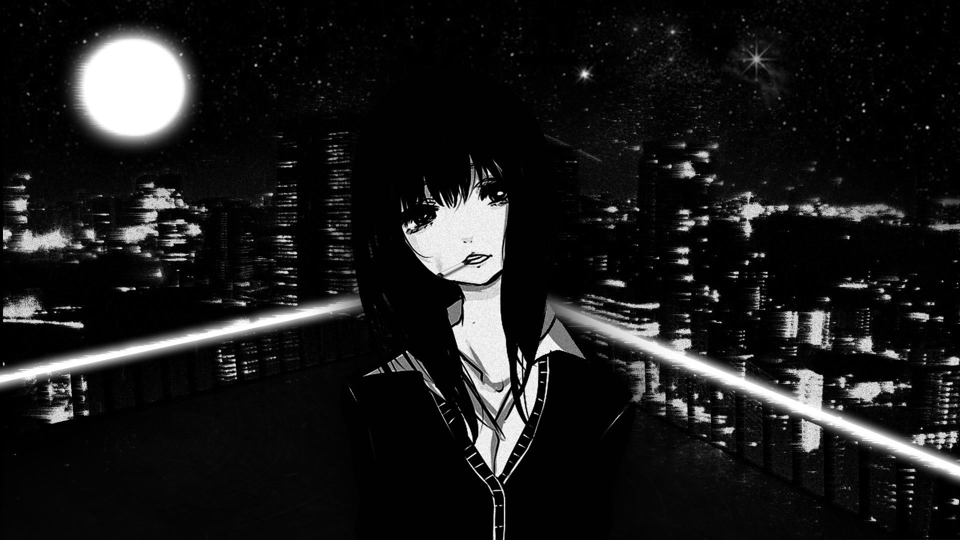 Anime girl smoking on a rooftop at night HD Wallpaper