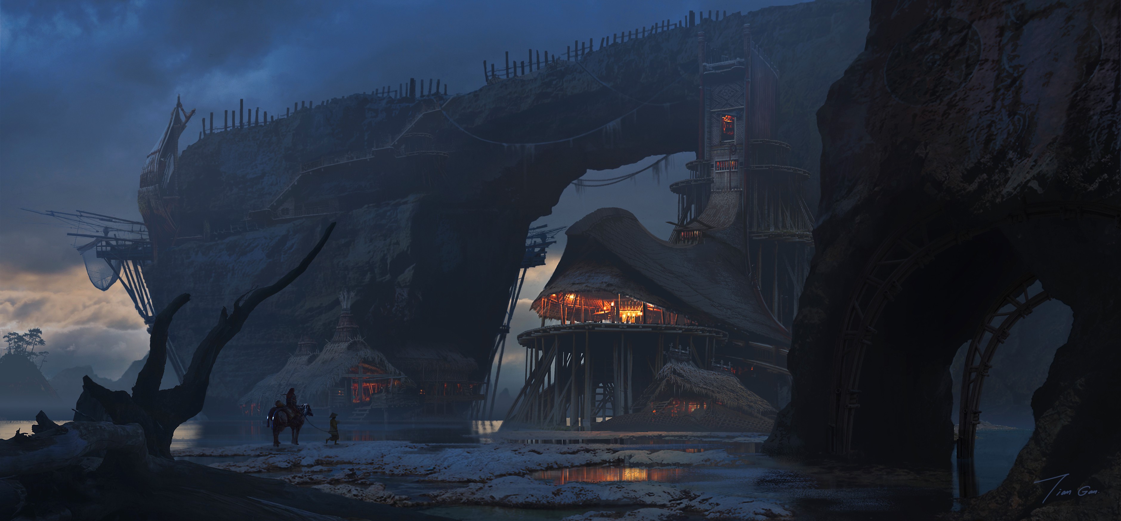 Fantasy settlement built into a rocky archway HD Wallpaper