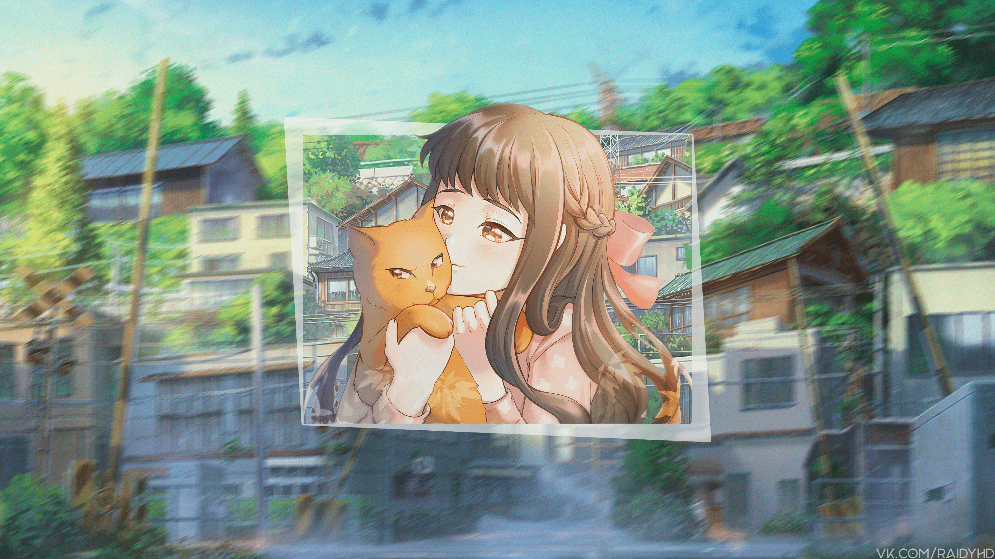 Anime girl holding a cat in a picture-in-picture HD Wallpaper