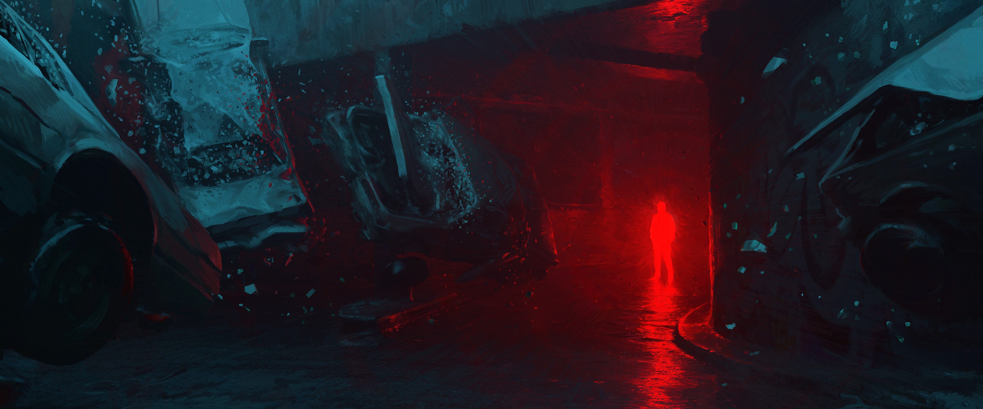 Digital art of a destroyed urban environment with a glowing figure HD Wallpaper