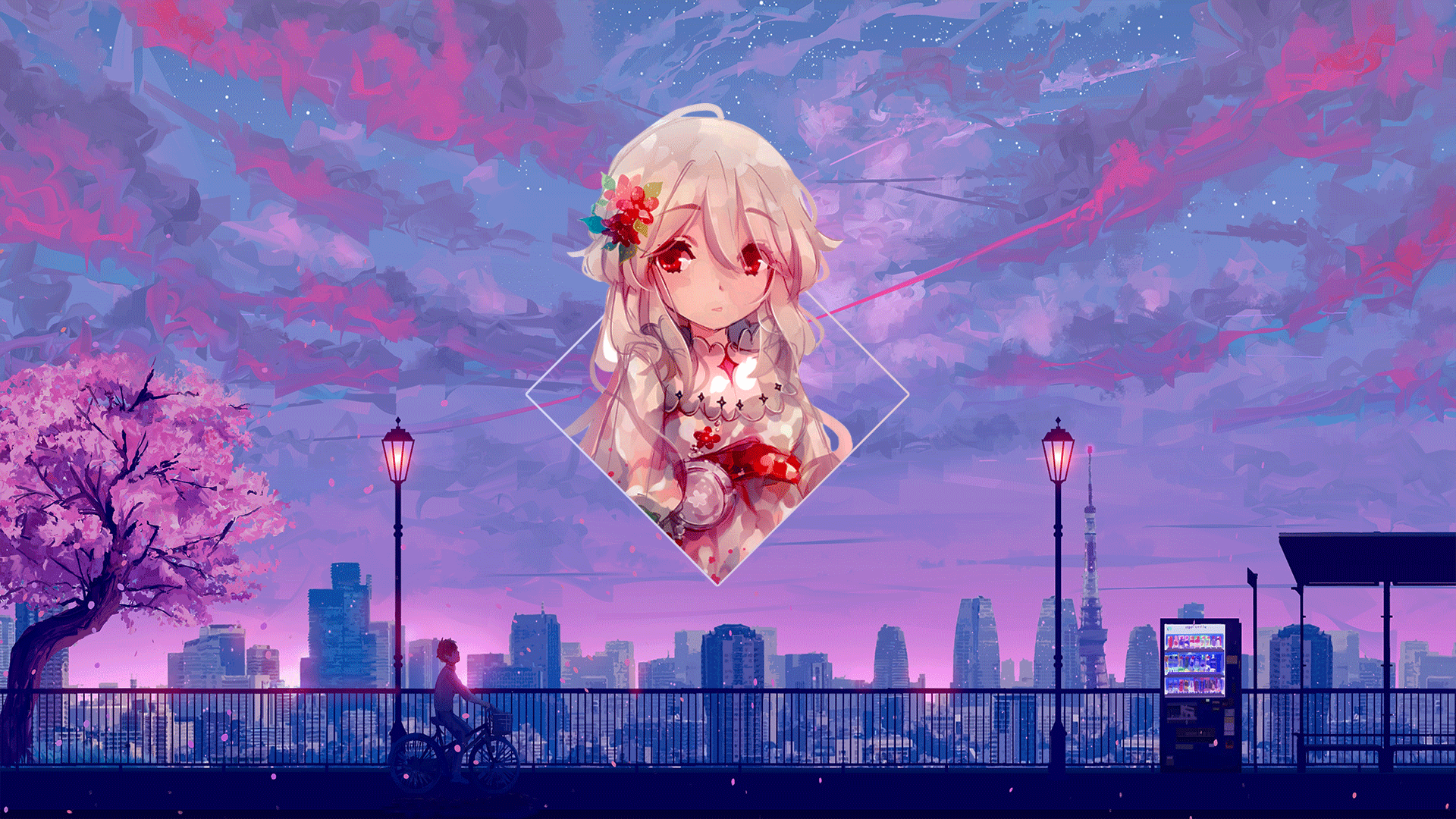 Anime girl in diamond frame over cityscape at dusk HD Wallpaper