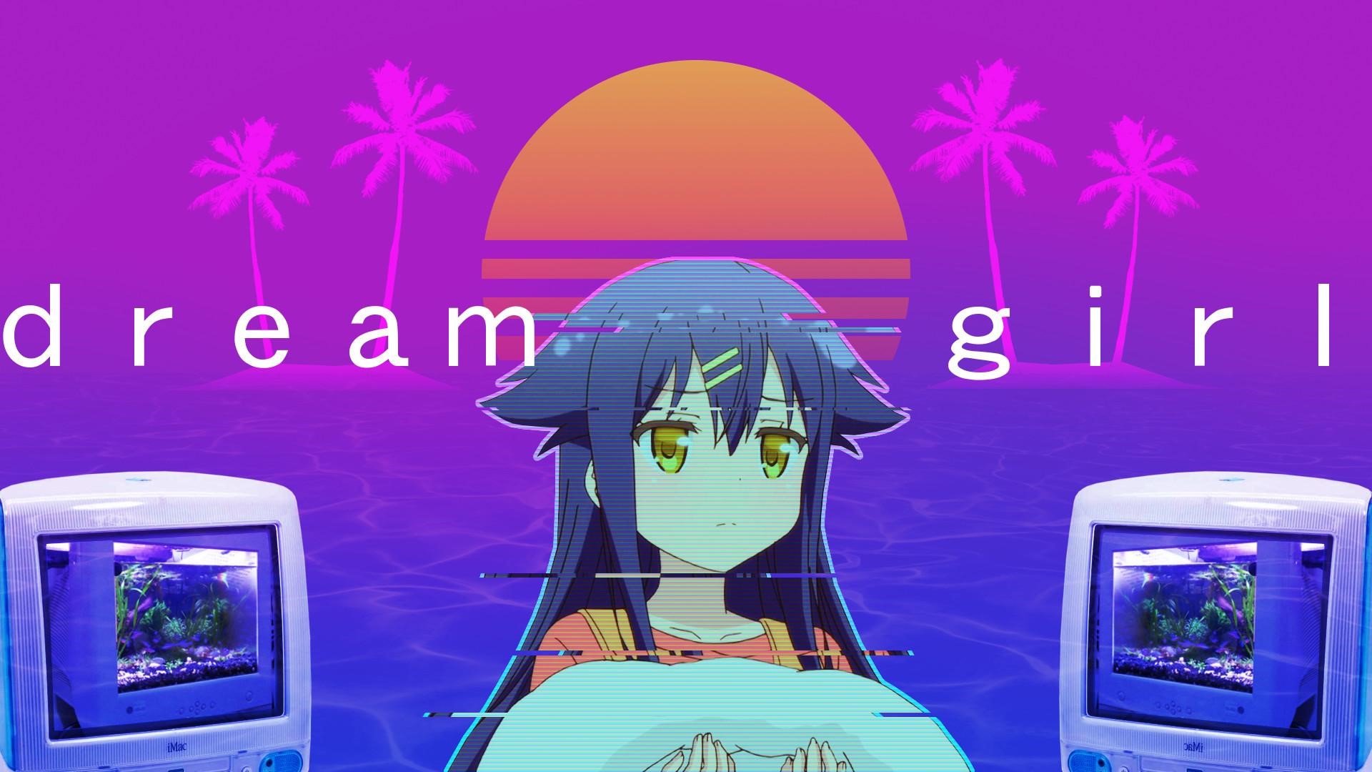 Anime girl with text 'dream girl' and retro computers HD Wallpaper