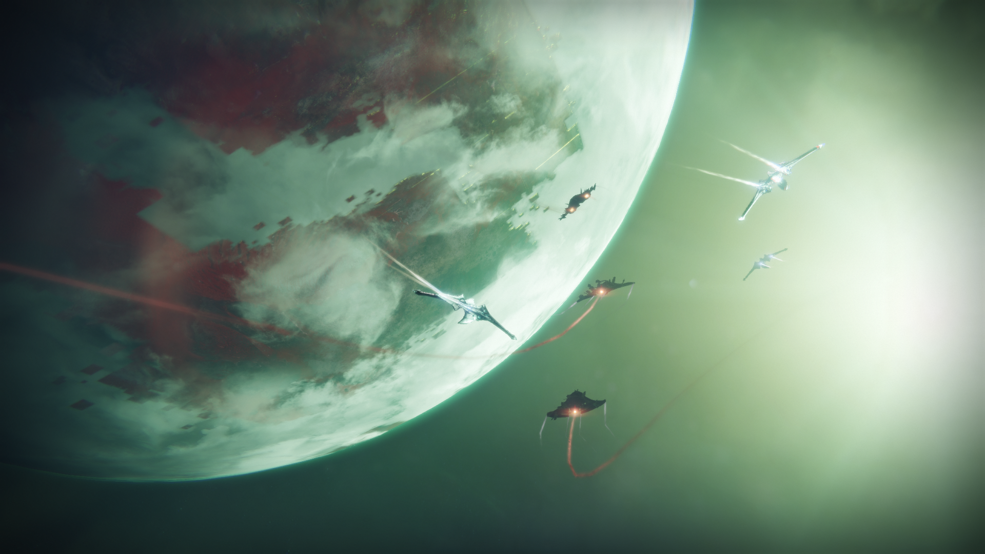Spaceships flying near a planet in Destiny 2 HD Wallpaper