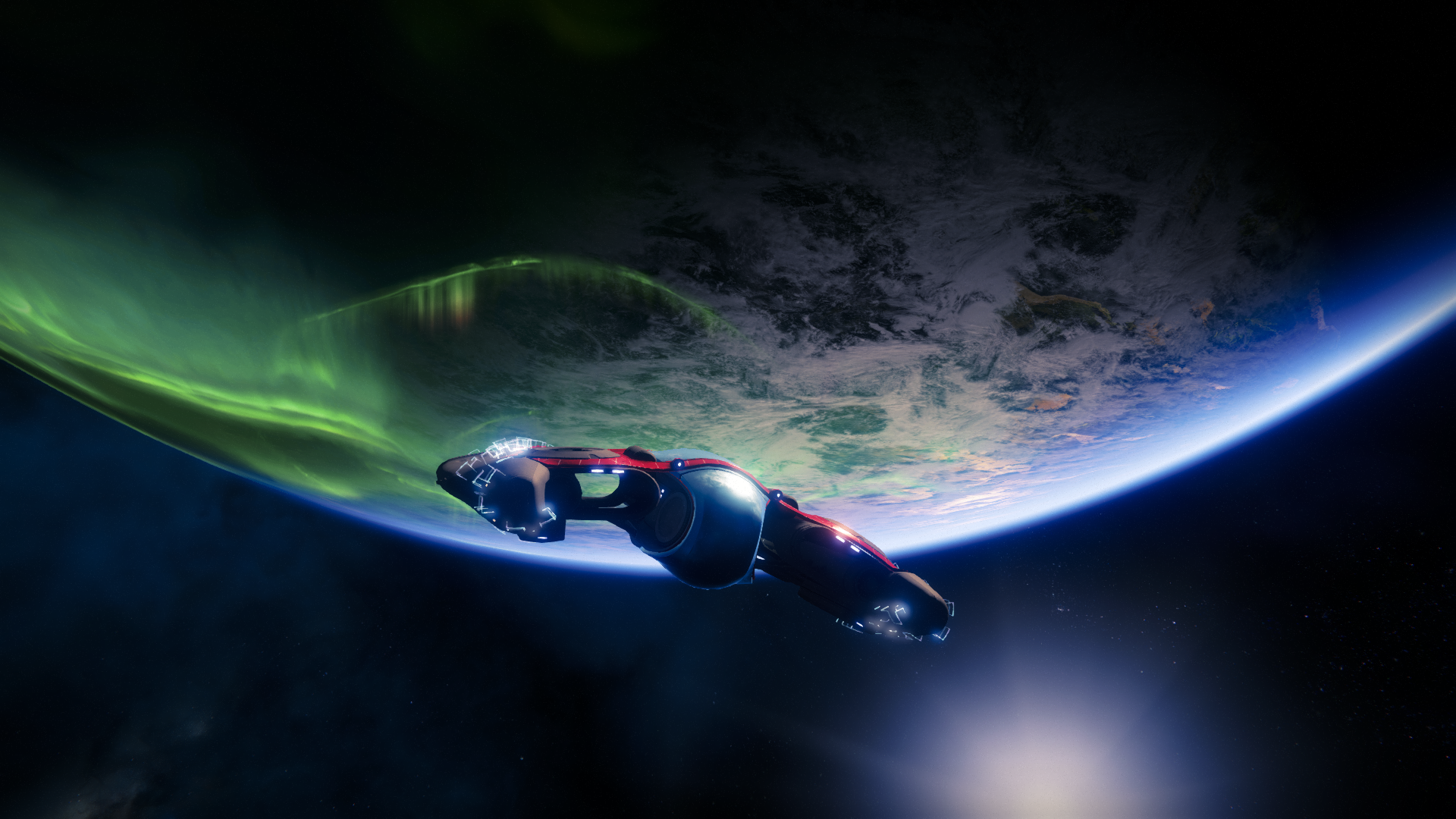 Spaceship flying near Earth with aurora HD Wallpaper