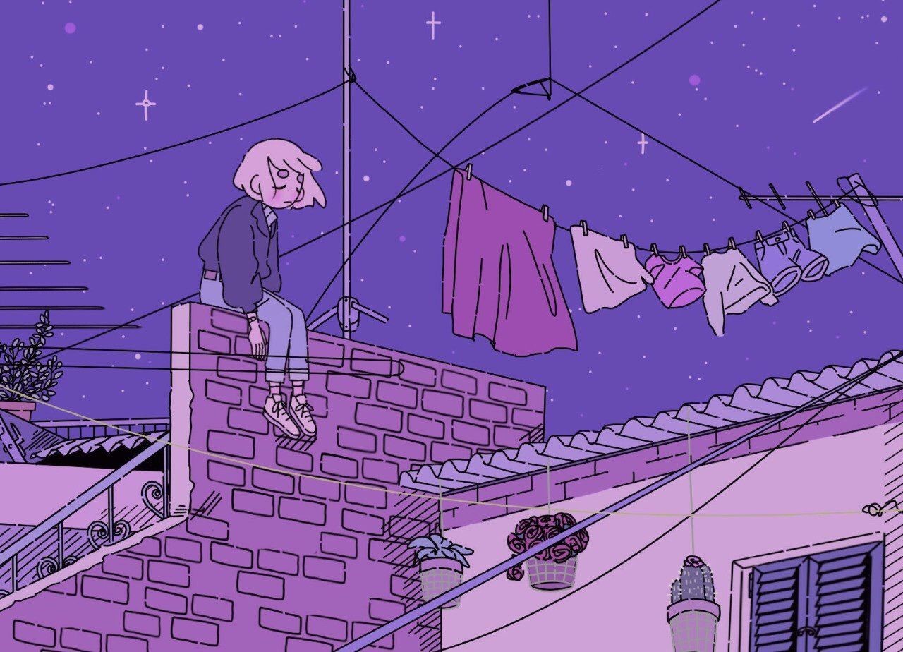 LoFi Vaporwave Night with Sad Character HD Wallpaper