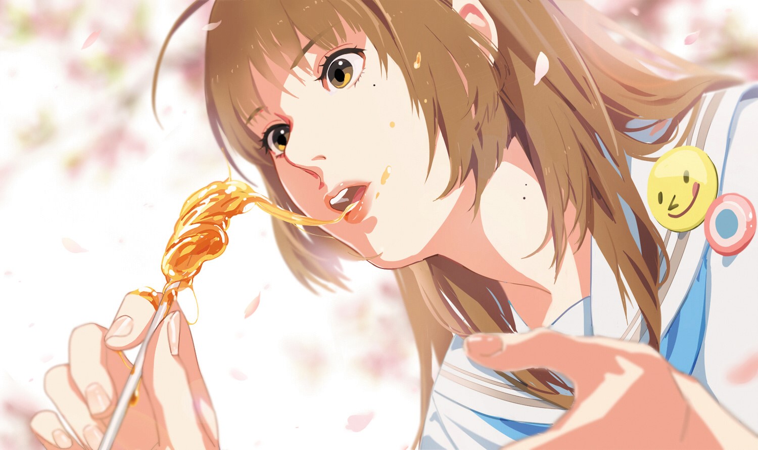 Anime girl eating candy floss with cherry blossoms HD Wallpaper