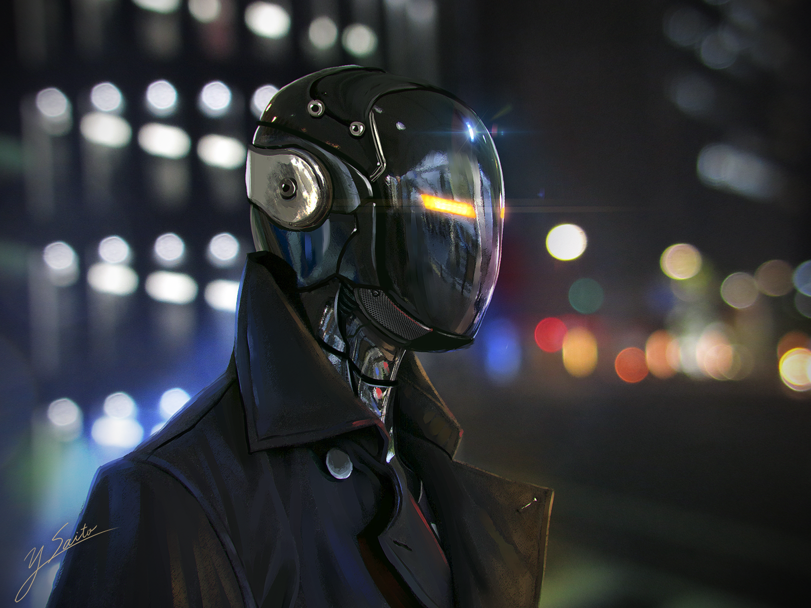 Cyborg in a trench coat with city lights background HD Wallpaper