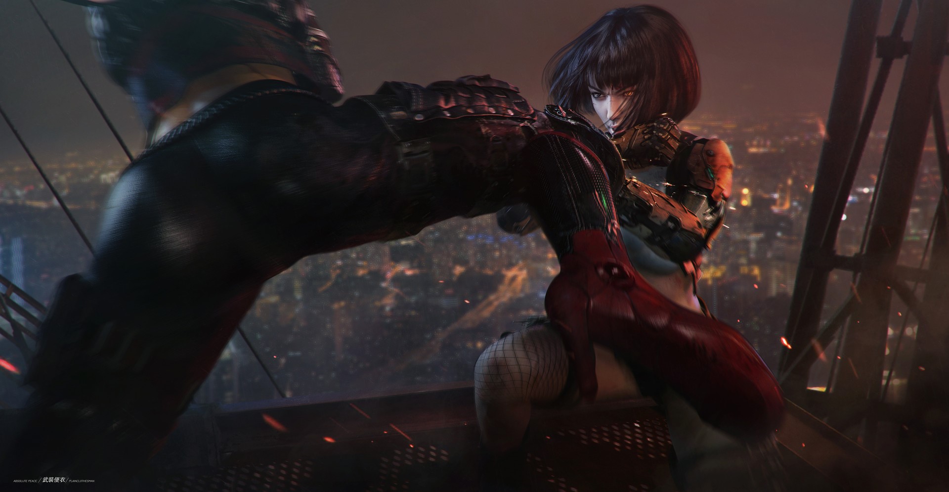 Cyborg woman fighting on a rooftop at night HD Wallpaper