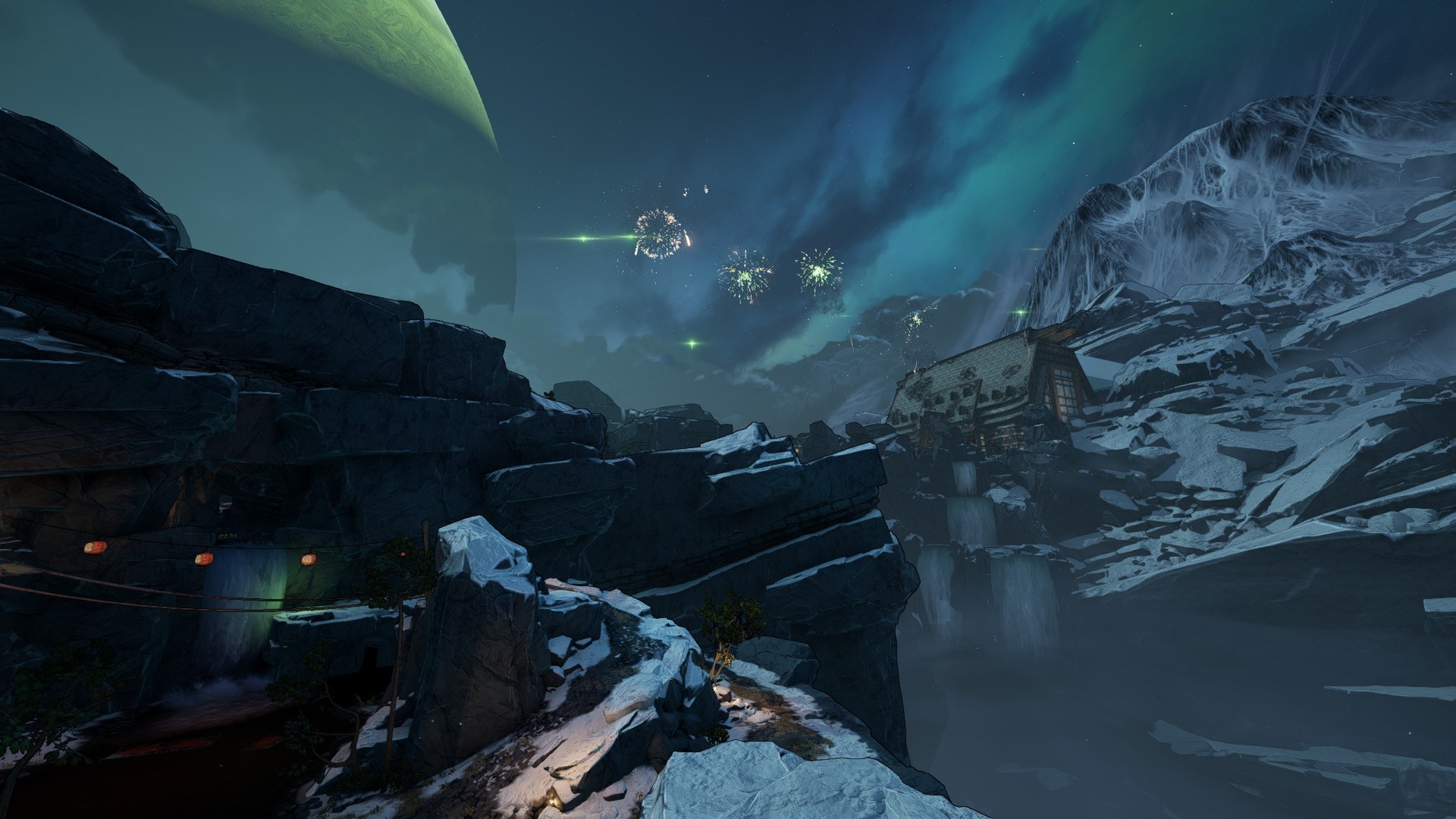 Borderlands 3 screenshot with fireworks and snowy mountains HD Wallpaper