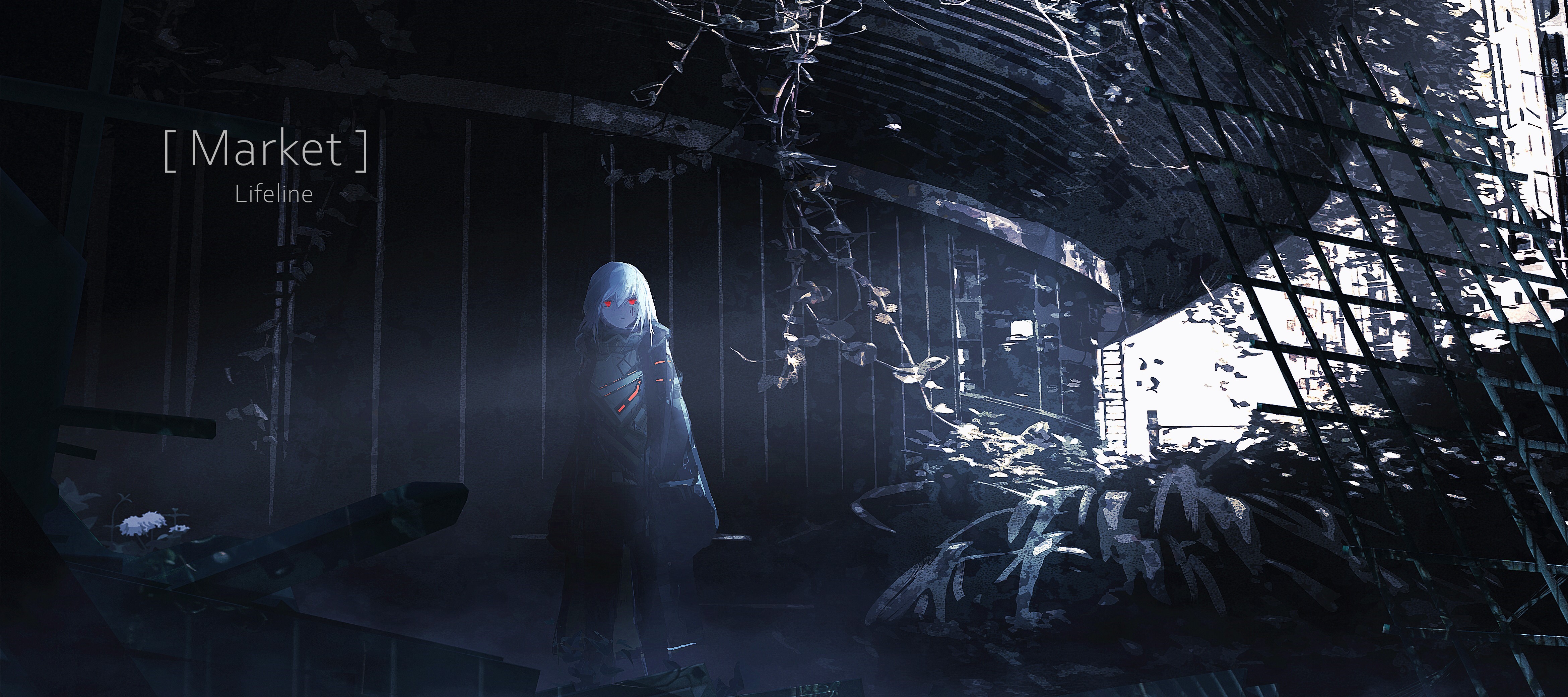 Anime girl with red glowing eyes in a dark, ruined market HD Wallpaper