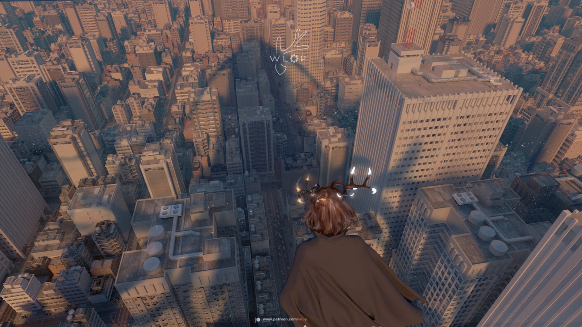 WLOP character flying over a cityscape HD Wallpaper