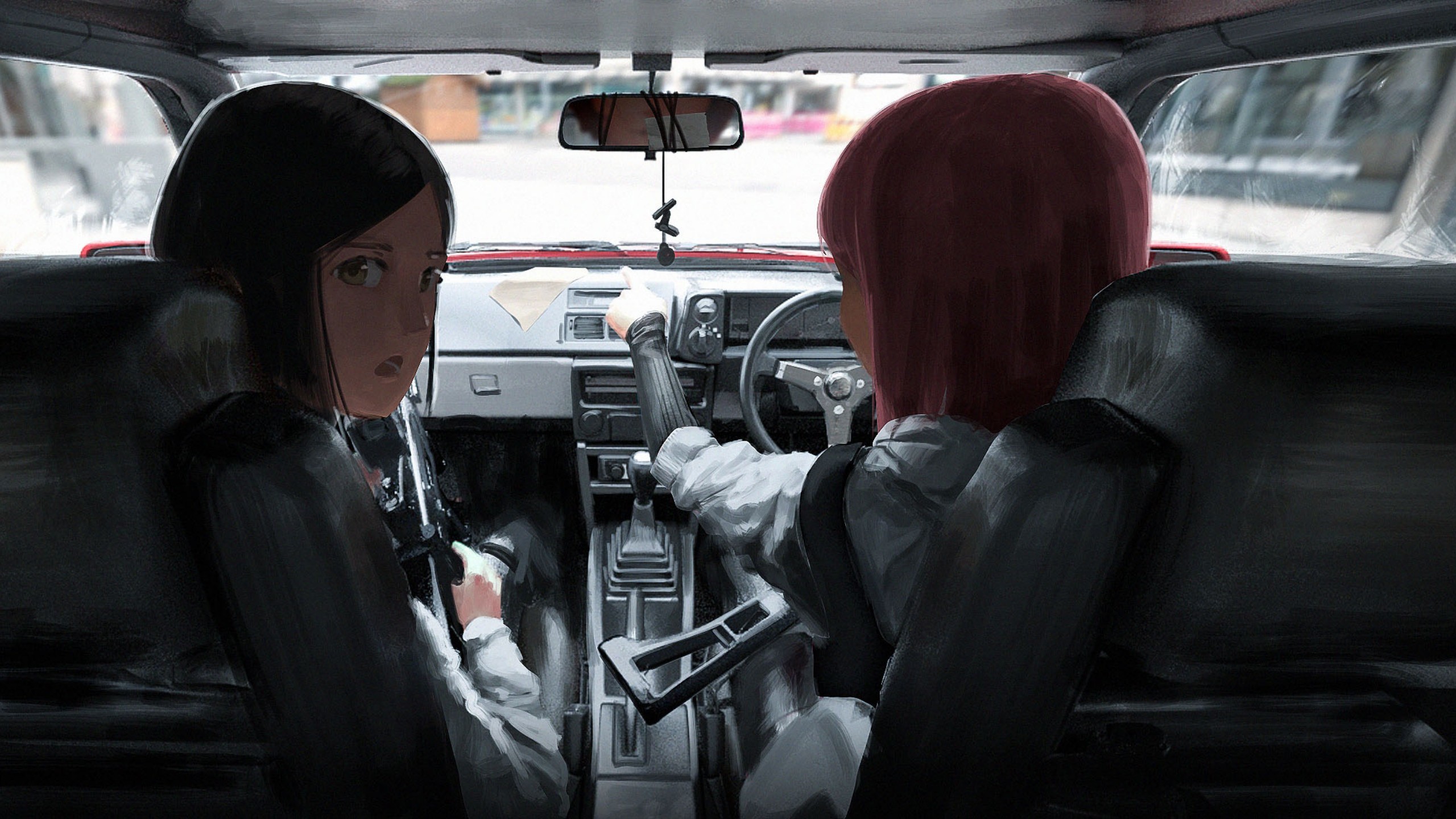 Anime girls in a car interior with a gun HD Wallpaper