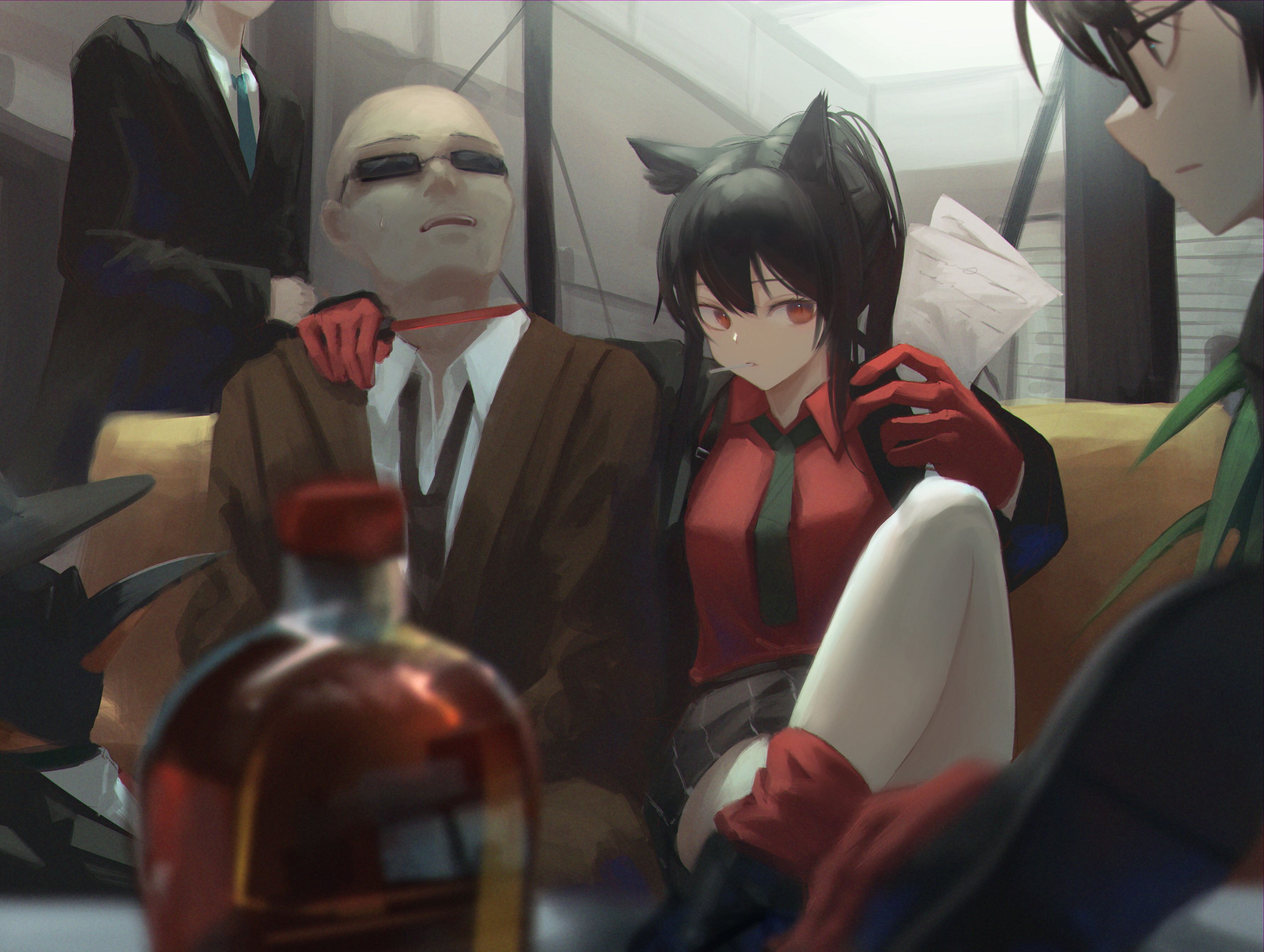 Anime characters in a tense scene with a bottle HD Wallpaper