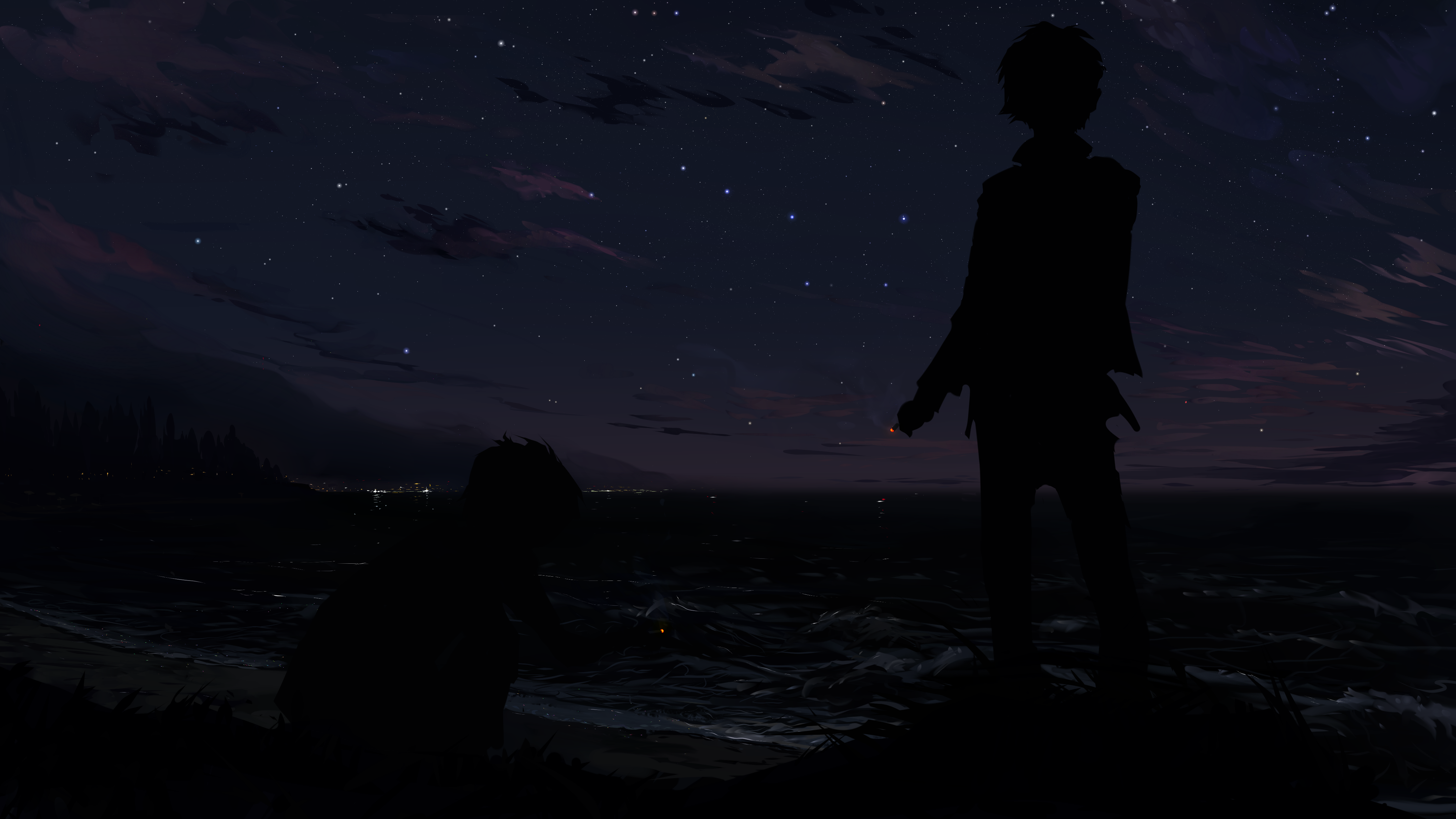Two silhouettes by the sea under a starry night HD Wallpaper