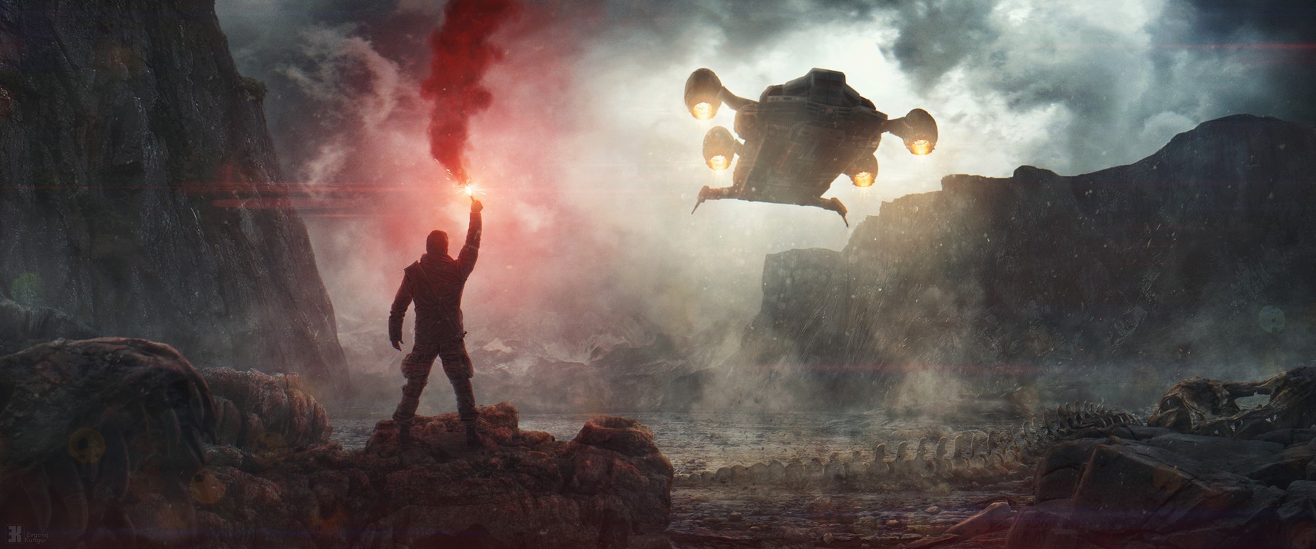 Man with flare signaling a science fiction vehicle HD Wallpaper