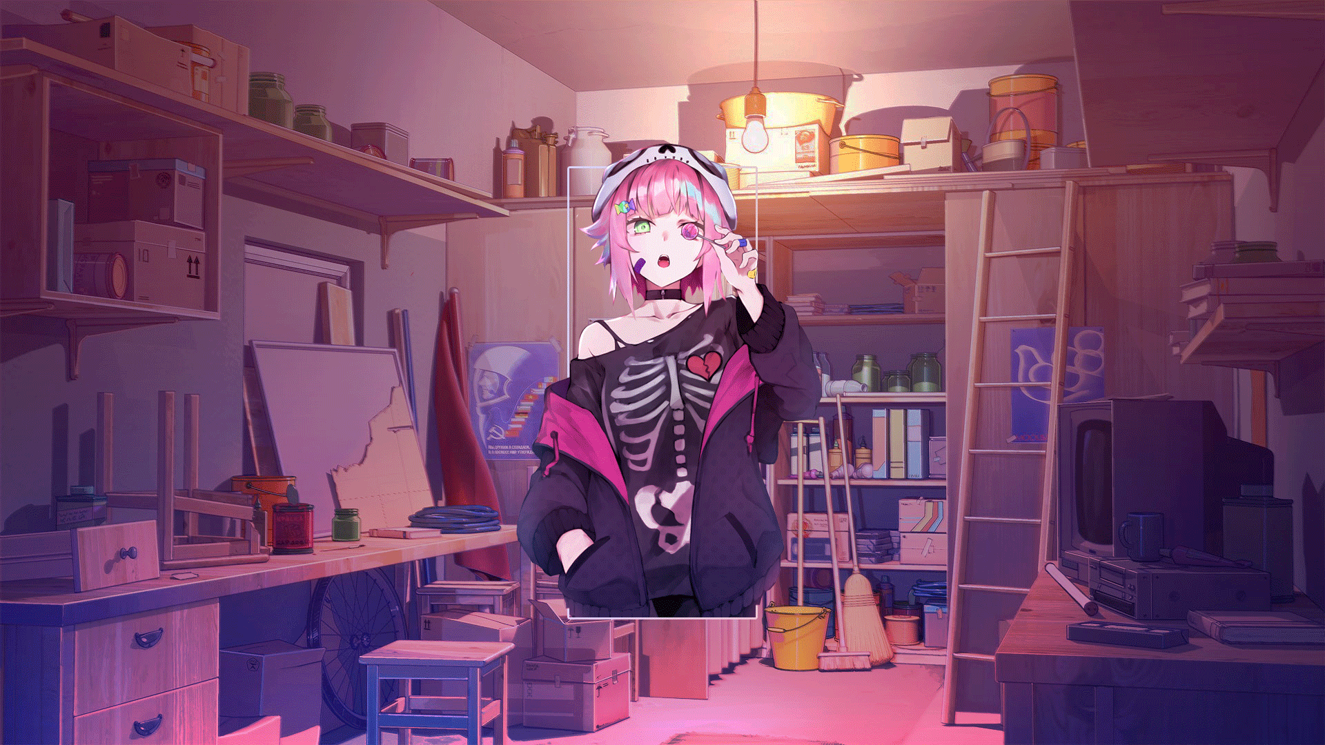 Anime girl in skeleton costume in a storage room HD Wallpaper
